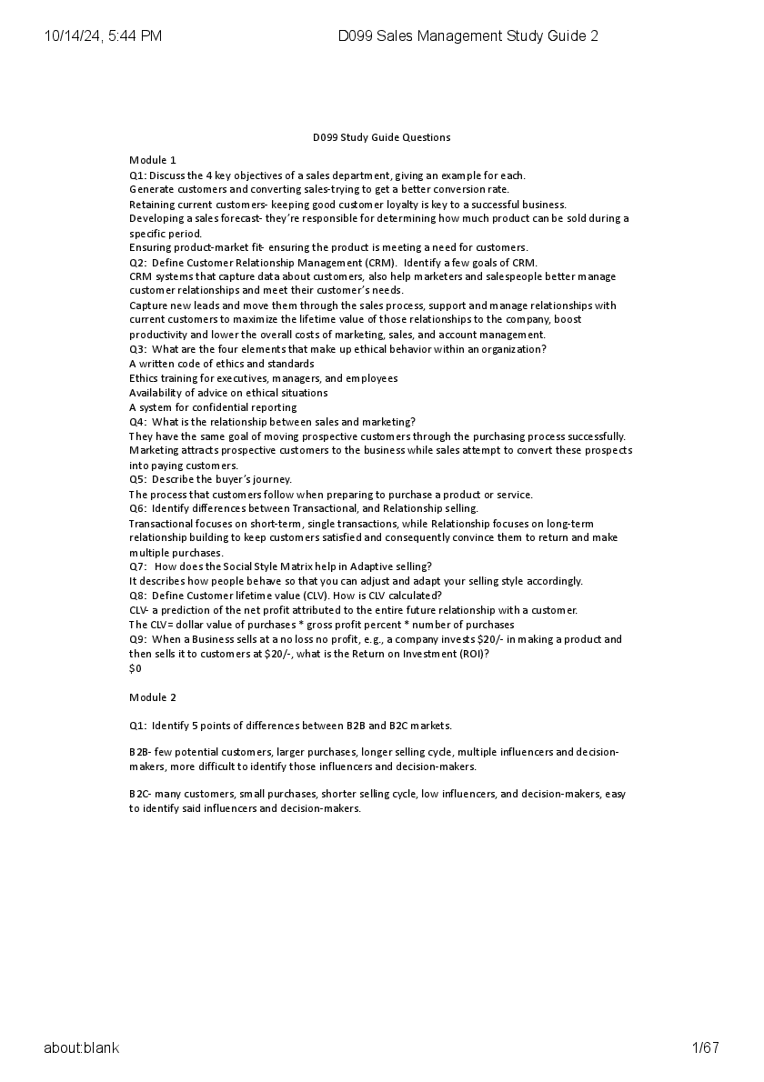 Preview image for D099 Sales Management Study Guide 2.