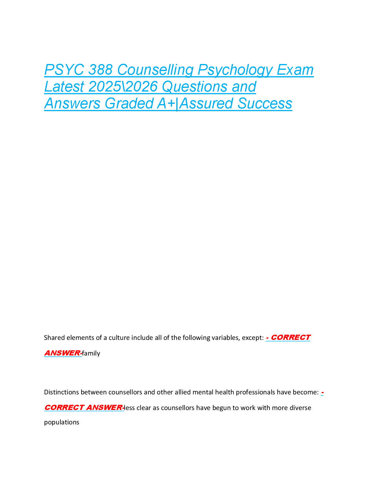PSYC 388 Counselling Psychology Exam  Latest 2025\2026 Questions and  Answers Graded A+|Assured Success