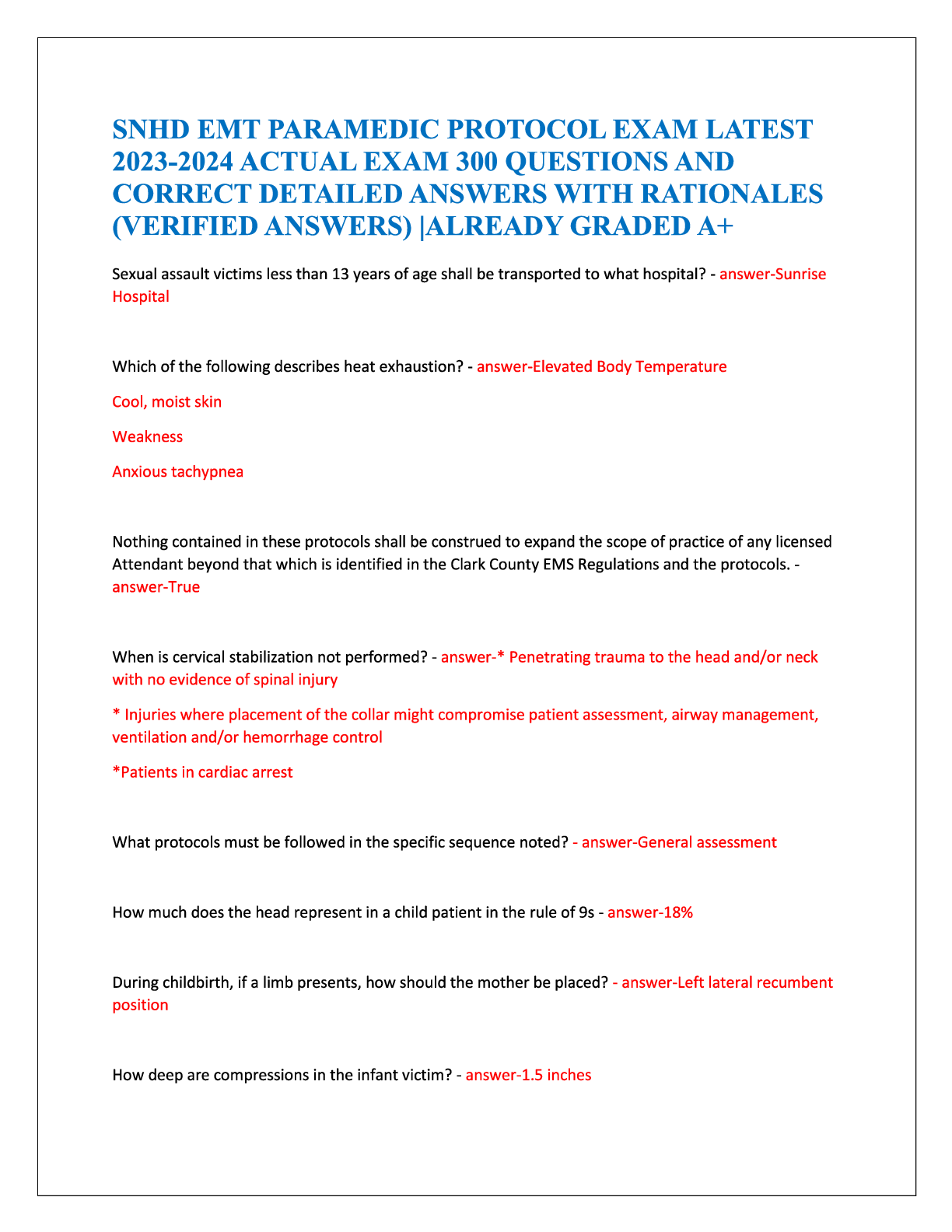 Preview image for SNHD EMT Paramedic Protocol Exam Latest 2023-2024 Actual Exam 300 Questions and Correct Detailed Answers with Rationales (Verified Answers)  Already Graded A+.