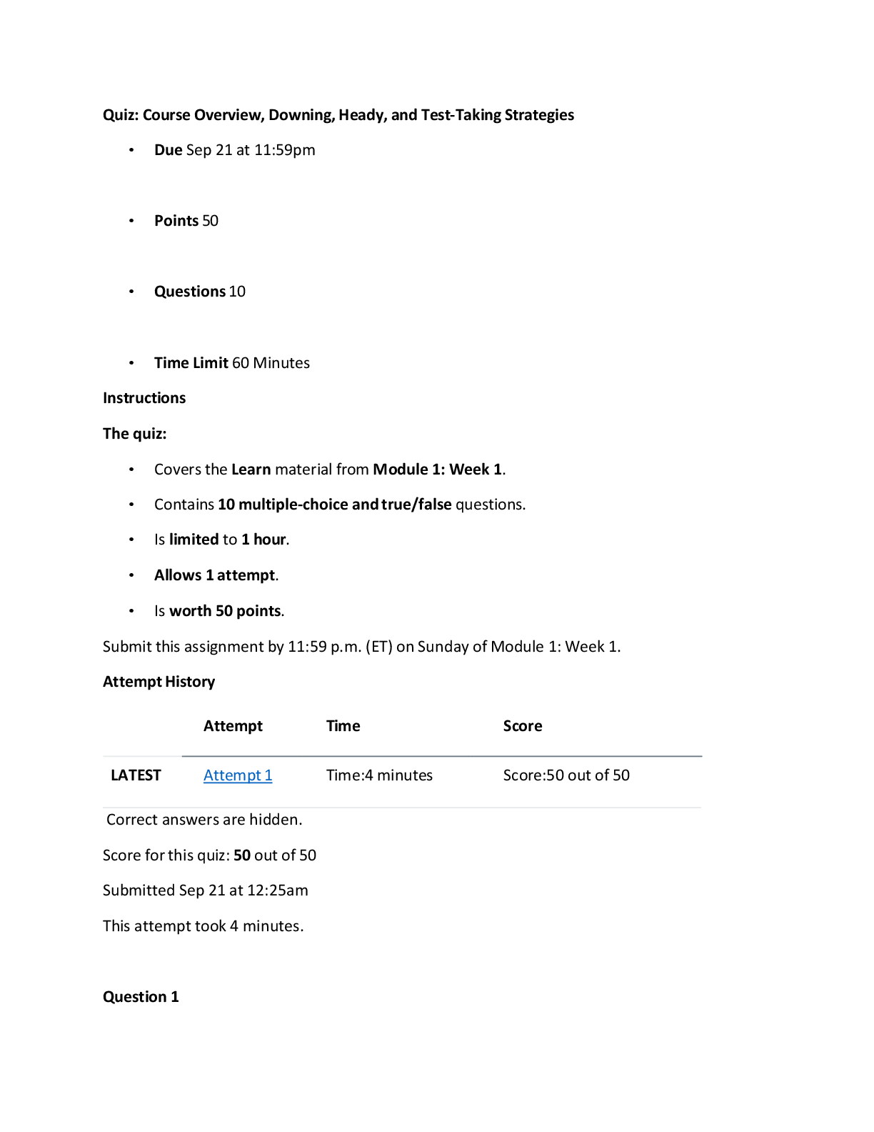 Preview of GRST 501 Quiz 1: Course Overview, Downing, Heady, and Test-Taking Strategies | Score 50/50