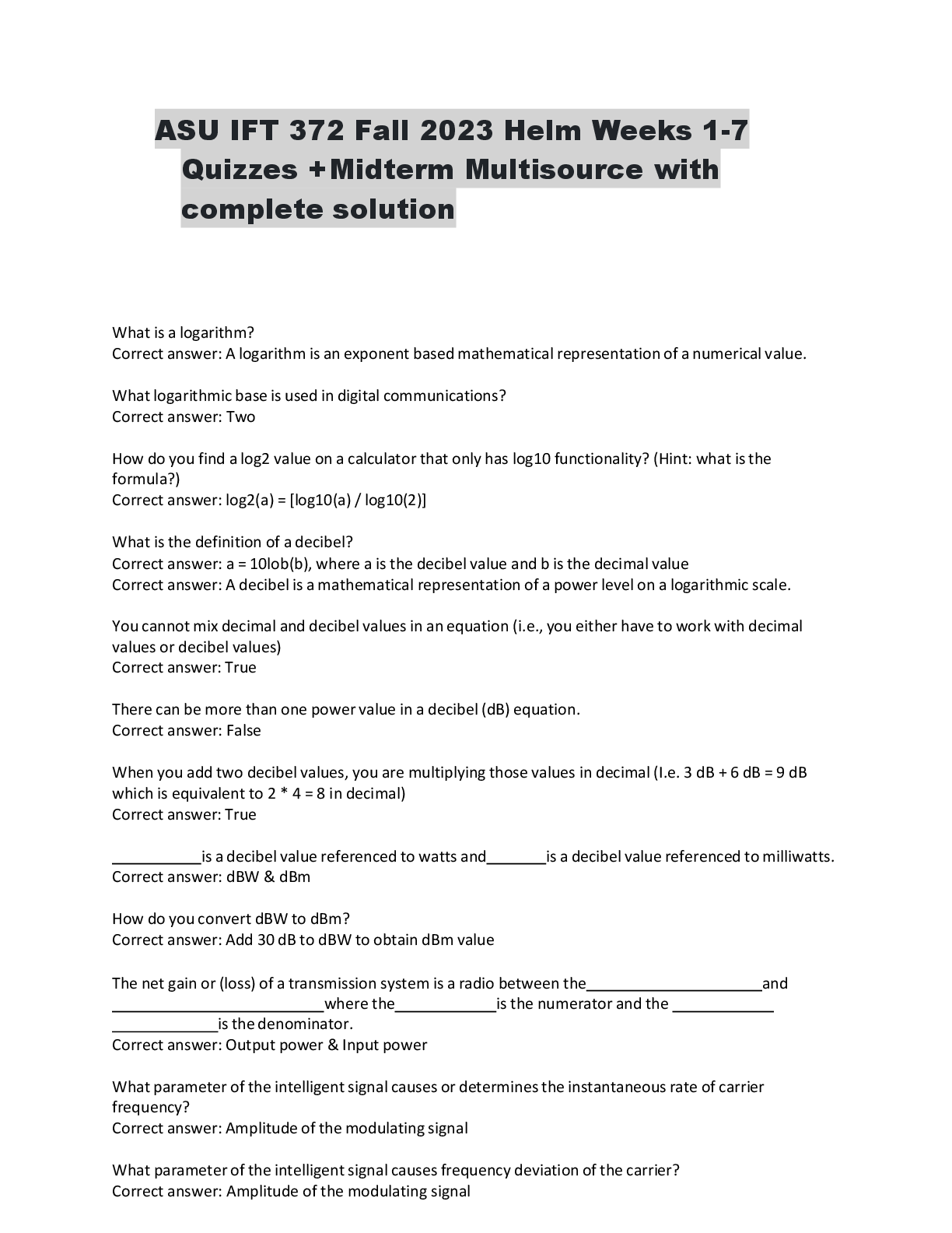 Preview image for ASU IFT 372 Fall 2023 Helm Weeks 1-7  Quizzes + Midterm Multisource with  complete solution