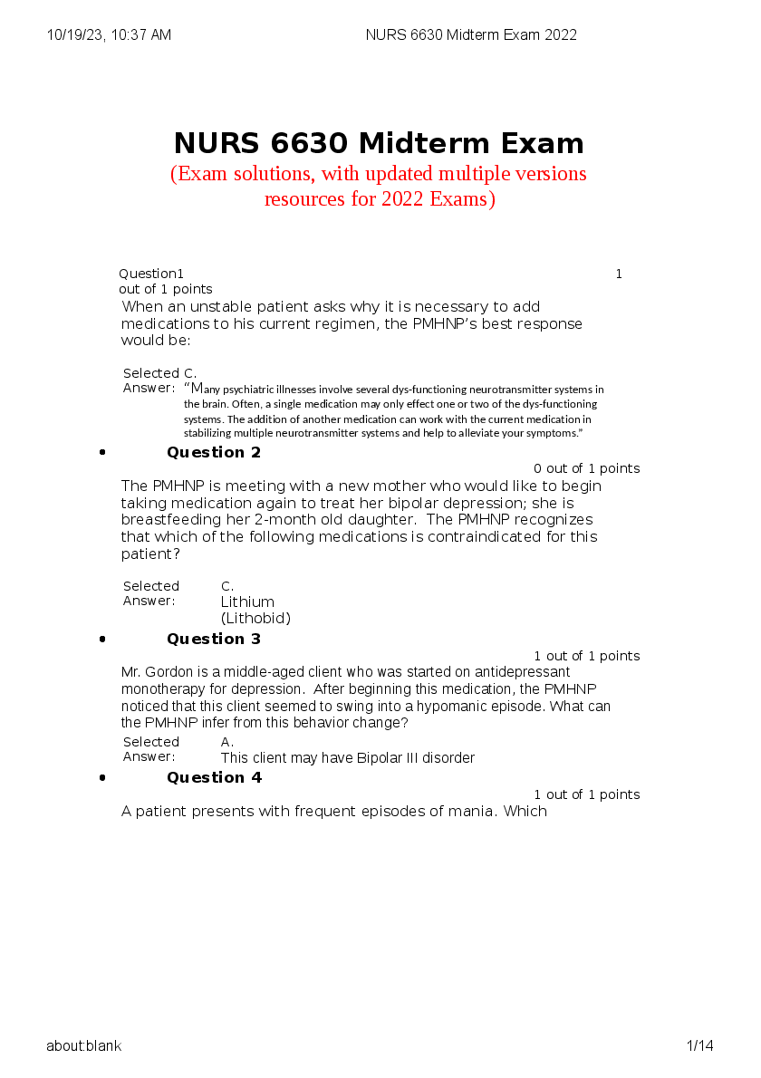 Preview of NURS 6630 Midterm Exam  (Exam solutions, with updated multiple versions  resources for 2022 Exams)