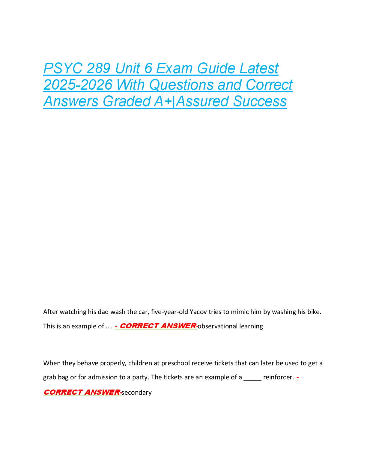 Preview of PSYC 289 Unit 6 Exam Guide Latest  2025-2026 With Questions and Correct  Answers Graded A+|Assured Success