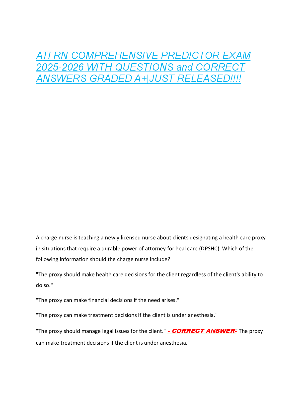 ATI RN COMPREHENSIVE PREDICTOR EXAM  2025-2026 WITH QUESTIONS and CORRECT  ANSWERS GRADED A+|JUST RELEASED!!!!