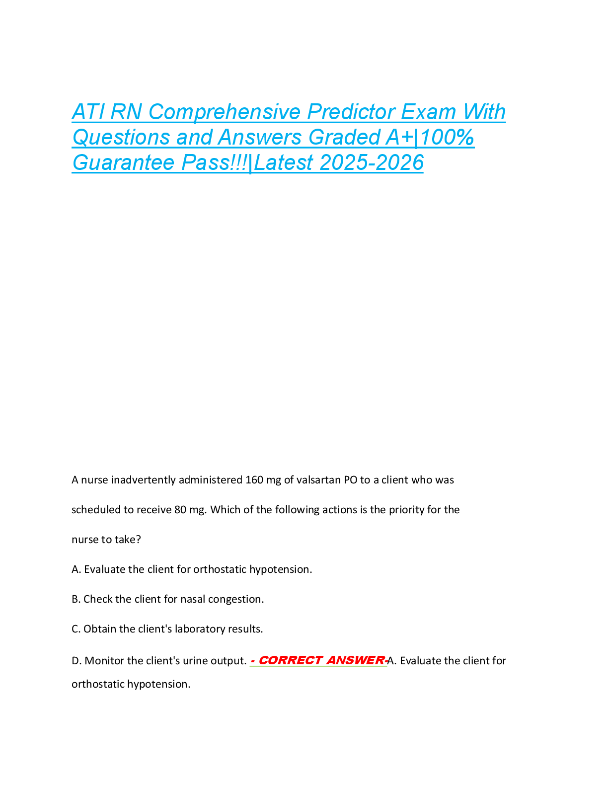 ATI RN Comprehensive Predictor Exam With  Questions and Answers Graded A+|100%  Guarantee Pass!!!|Latest 2025-2026 ATI RN Comprehensive Predictor Exam With  Questions and Answers Graded A+|100%  Guarantee Pass!!!|Latest 2025-2026