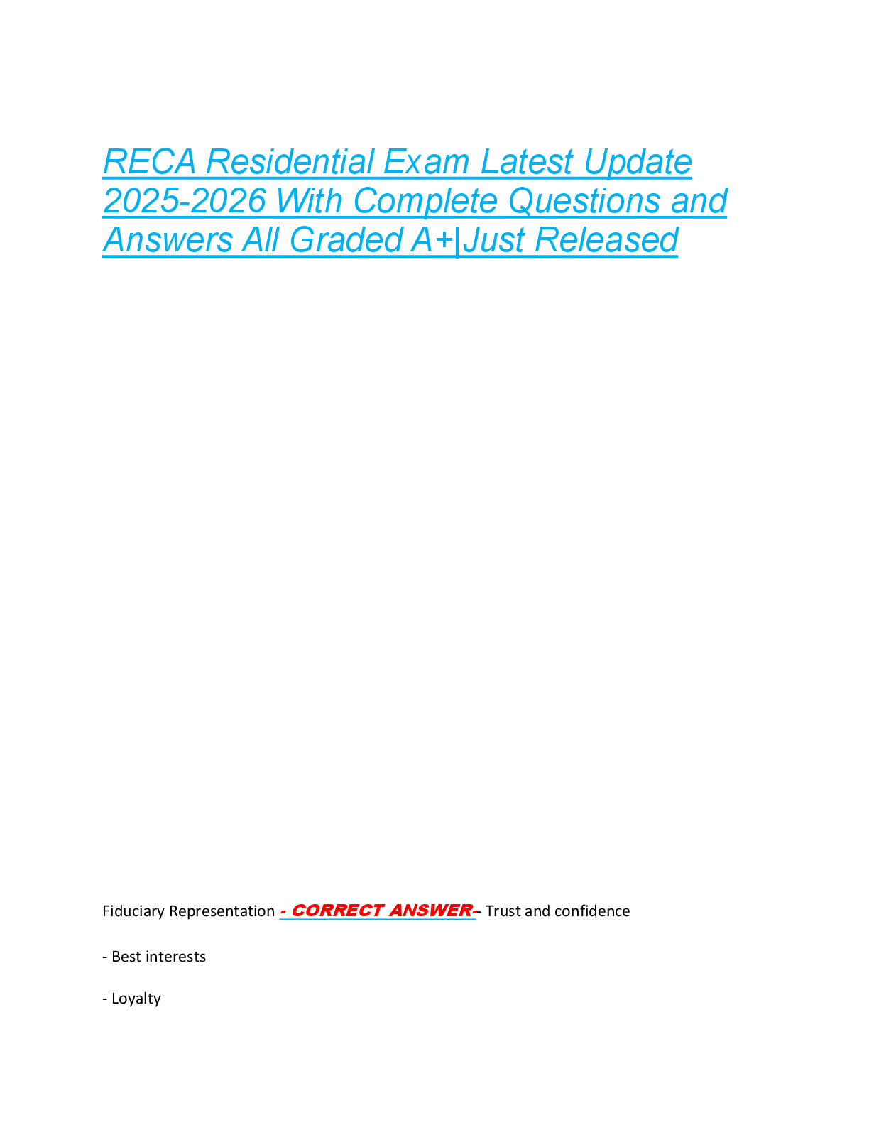 RECA Residential Exam Latest Update  2025-2026 With Complete Questions and  Answers All Graded A+|Just Released