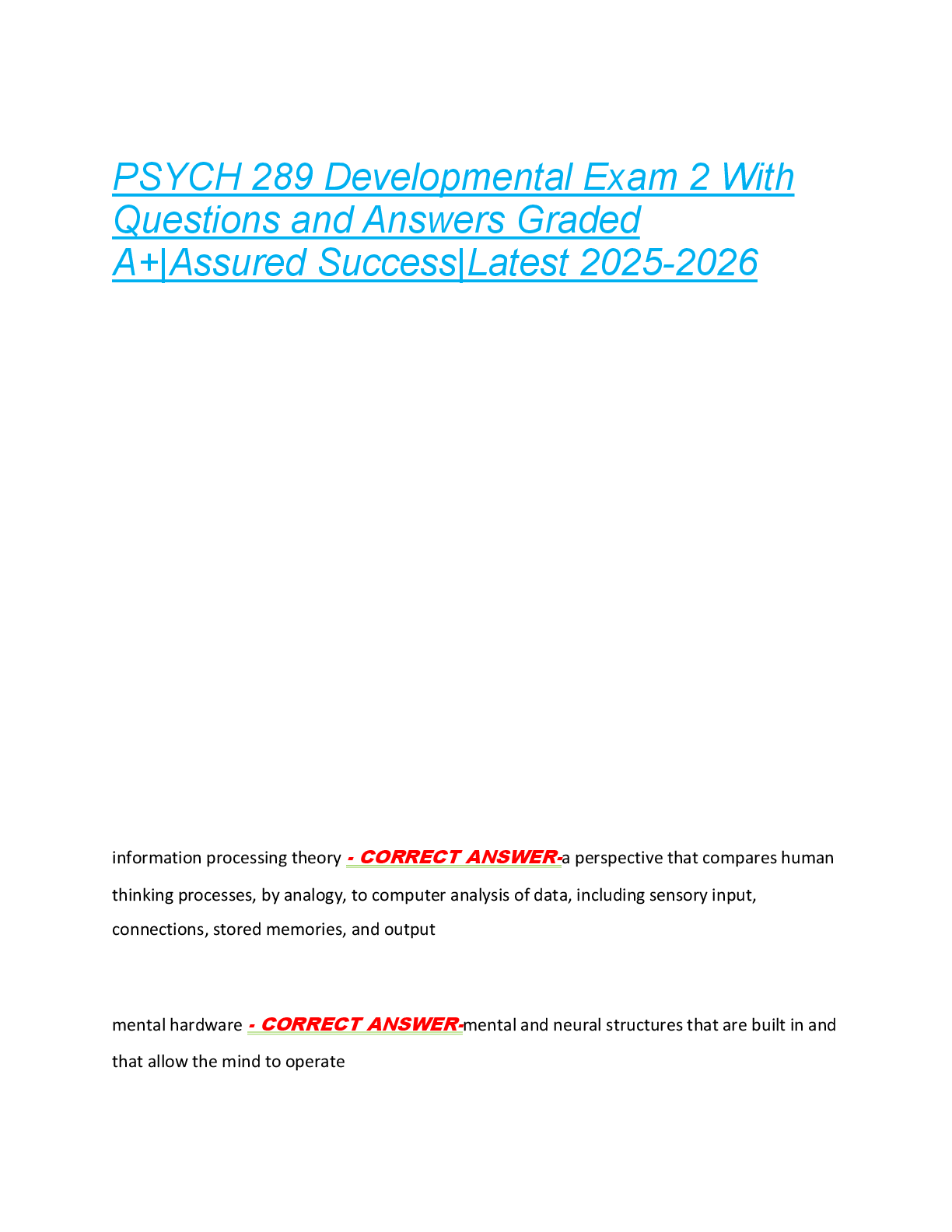 Preview of PSYCH 289 Developmental Exam 2 With  Questions and Answers Graded  A+|Assured Success|Late