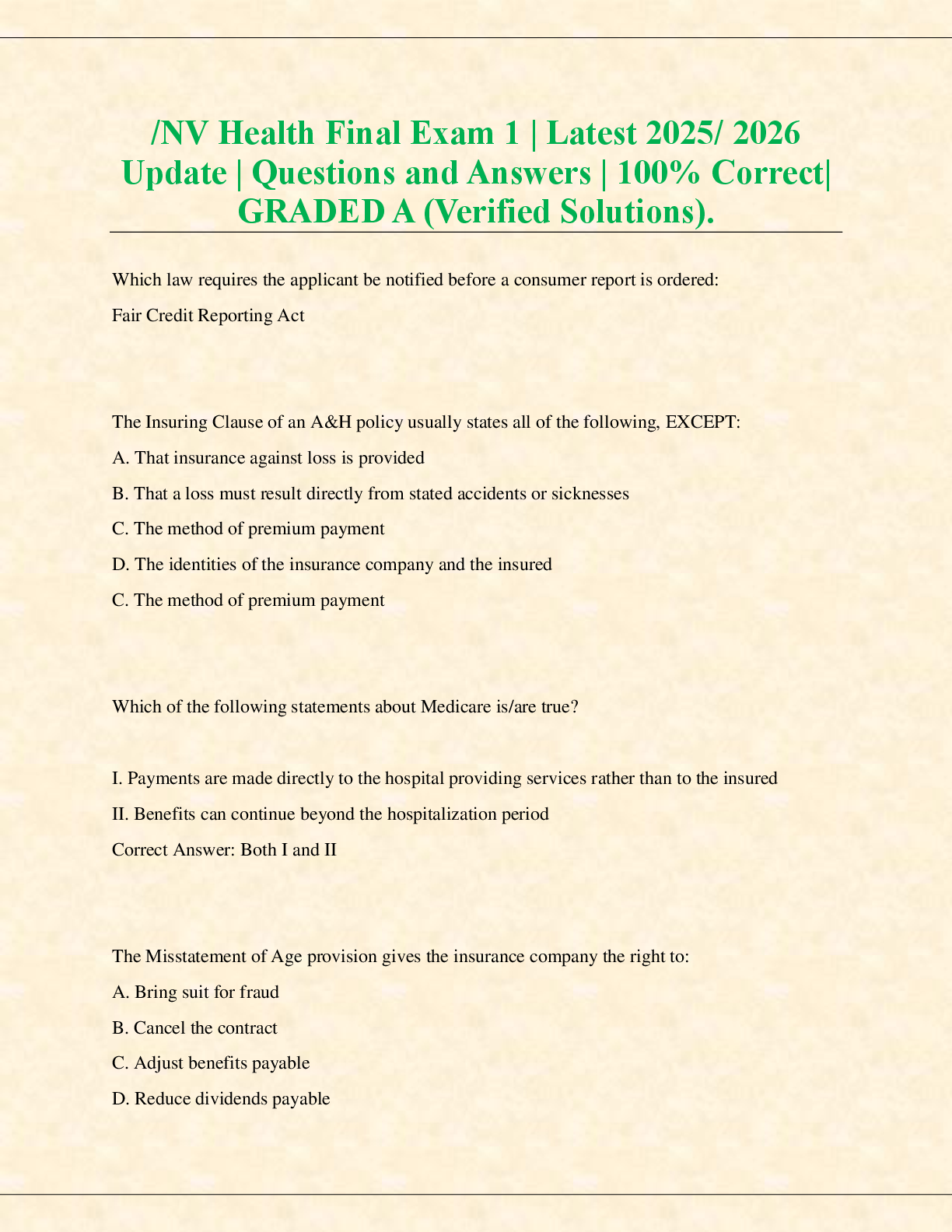 Preview of /NV Health Final Exam 1 | Latest 2025/ 2026  Update | Questions and Answers | 100% Correct|  GRADED A (Verified Solutions).