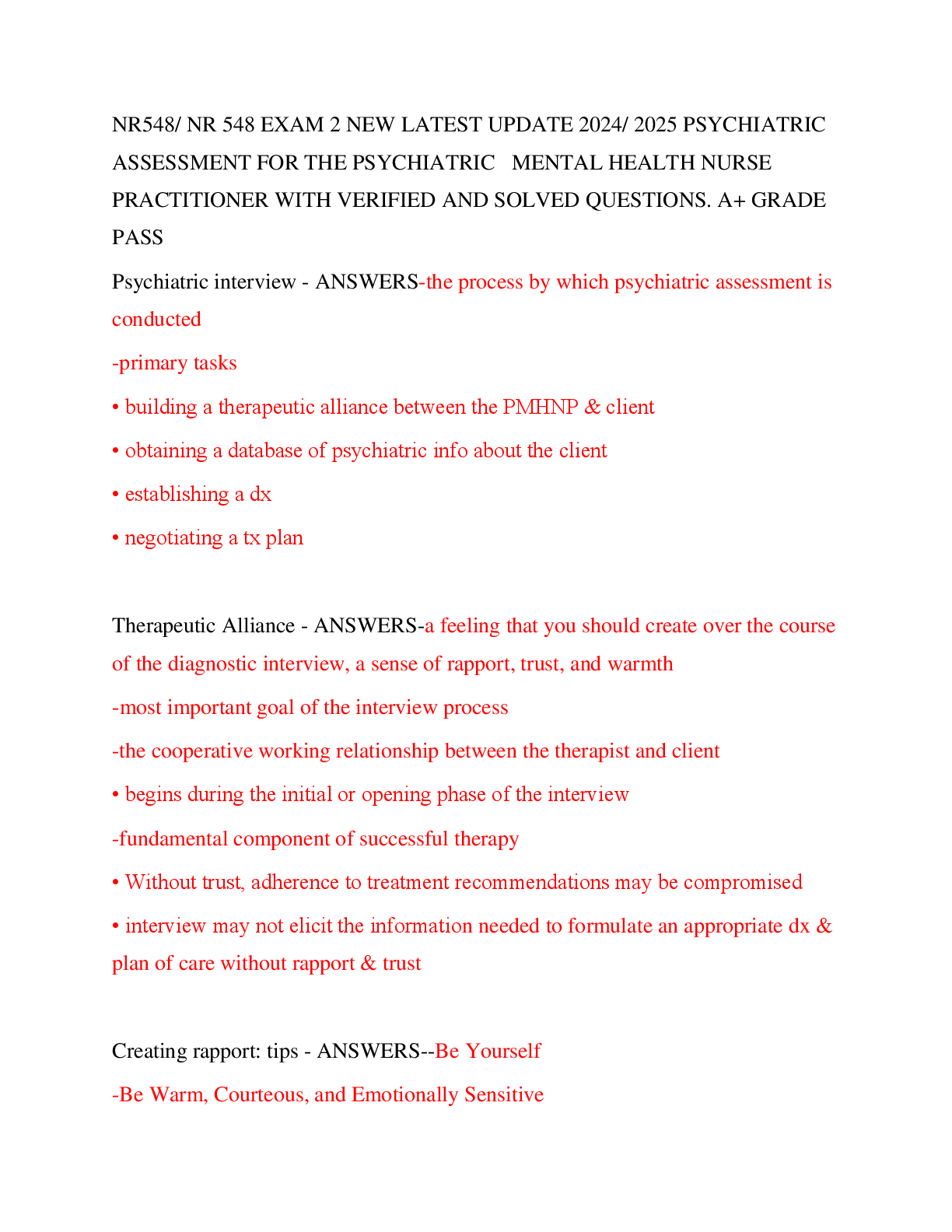 Recommended document preview for NR548/ NR 548 EXAM 2 NEW LATEST UPDATE 2024/ 2025 PSYCHIATRIC  ASSESSMENT FOR THE PSYCHIATRICMENTAL HEALTH NURSE  PRACTITIONER WITH VERIFIED AND SOLVED QUESTIONS. A+ GRADE  PASS
