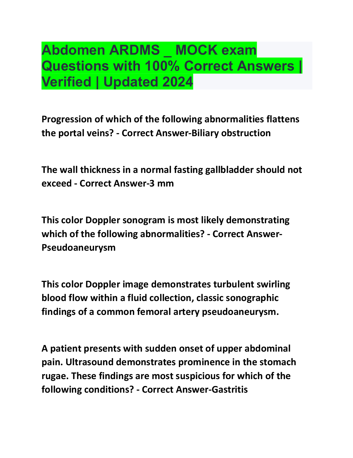 Preview image for Abdomen ARDMS - MOCK exam questions with 100% correct answers  Verified  Updated 2024..