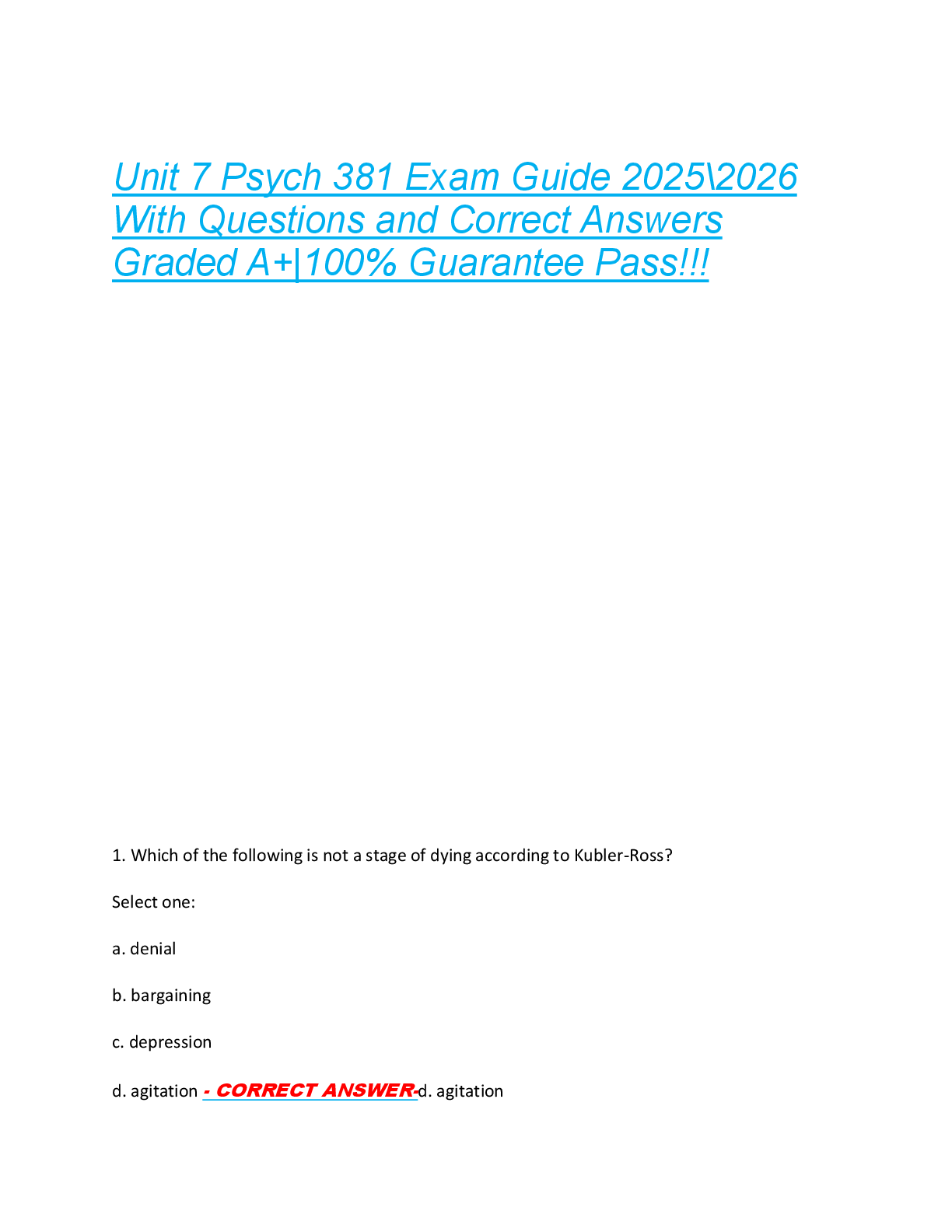 Preview of Unit 7 Psych 381 Exam Guide 2025\2026  With Questions and Correct Answers  Graded A+|100%