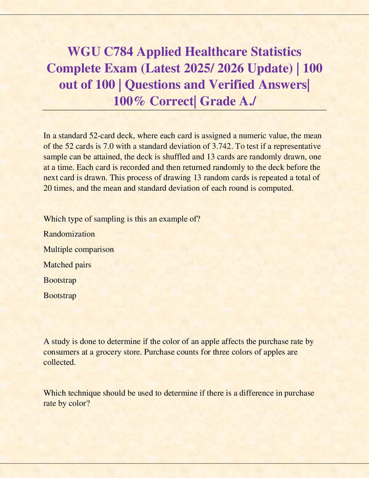 Preview image for WGU C784 Applied Healthcare Statistics Complete Exam (Latest 2025-2026 Update)  Scored 100 out of 100  Contains Questions and Verified Answers  100% Correct  Grade A...