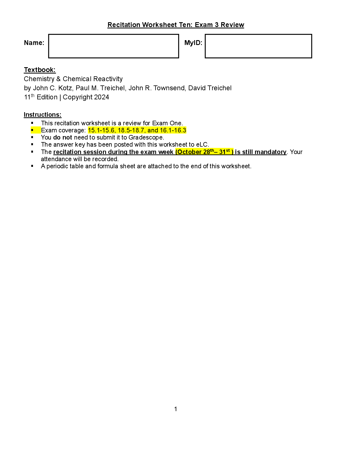 Preview of Recitation Worksheet Ten: Exam 3 Review