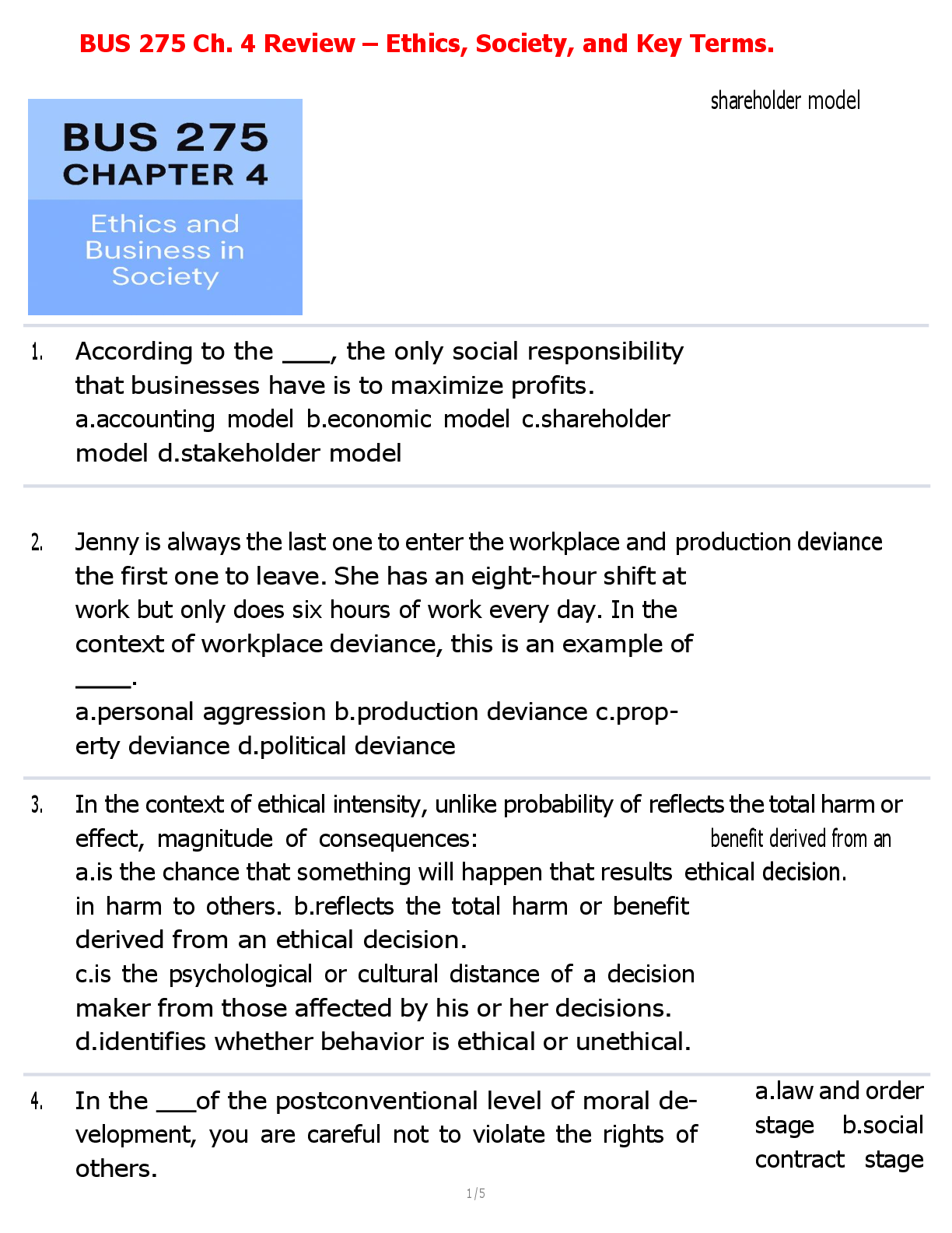 Preview image for BUS 275 Ch. 4 Review – Ethics, Society, and Key Terms.