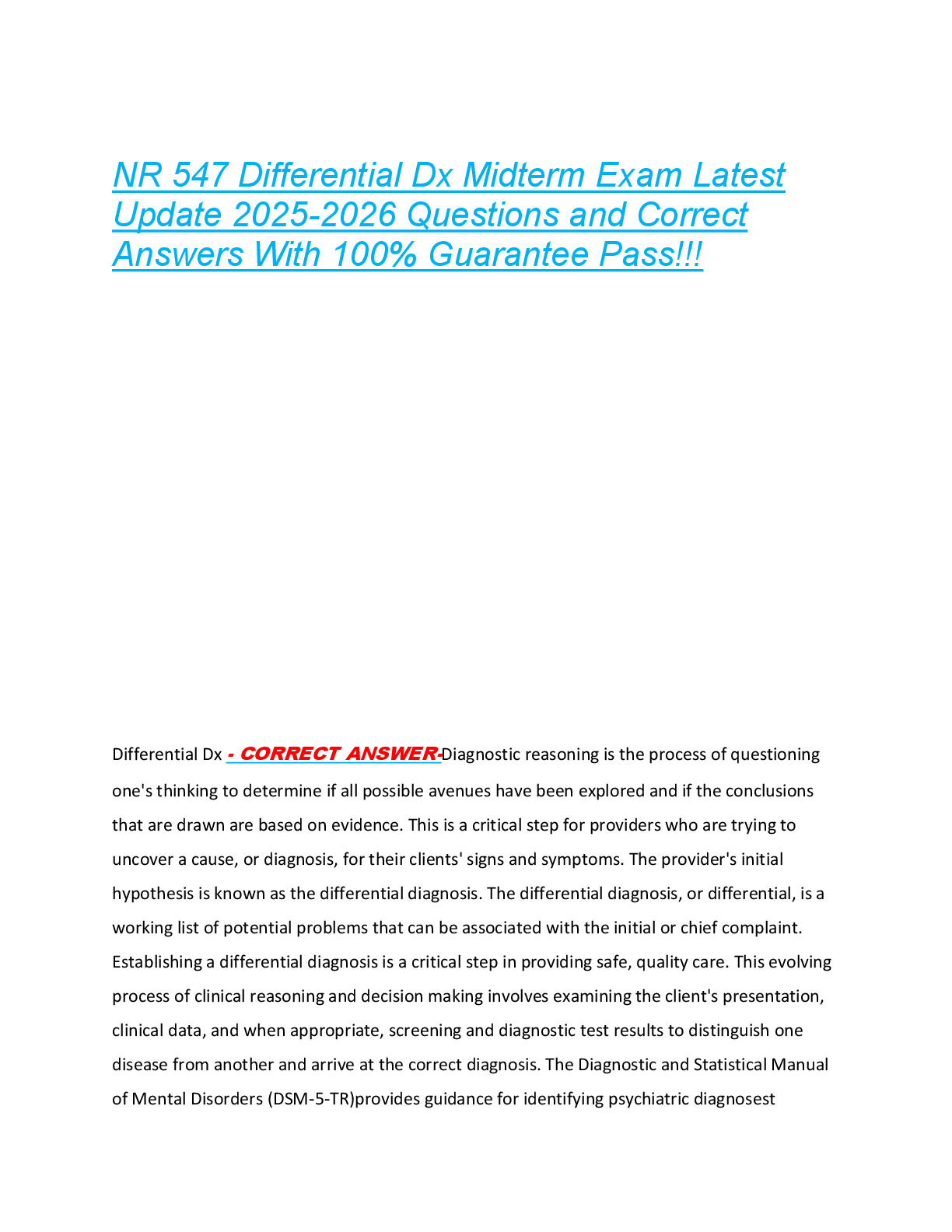 NR 547 Differential Dx Midterm Exam Latest  Update 2025-2026 Questions and Correct  Answers With 100% Guarantee Pass!!!