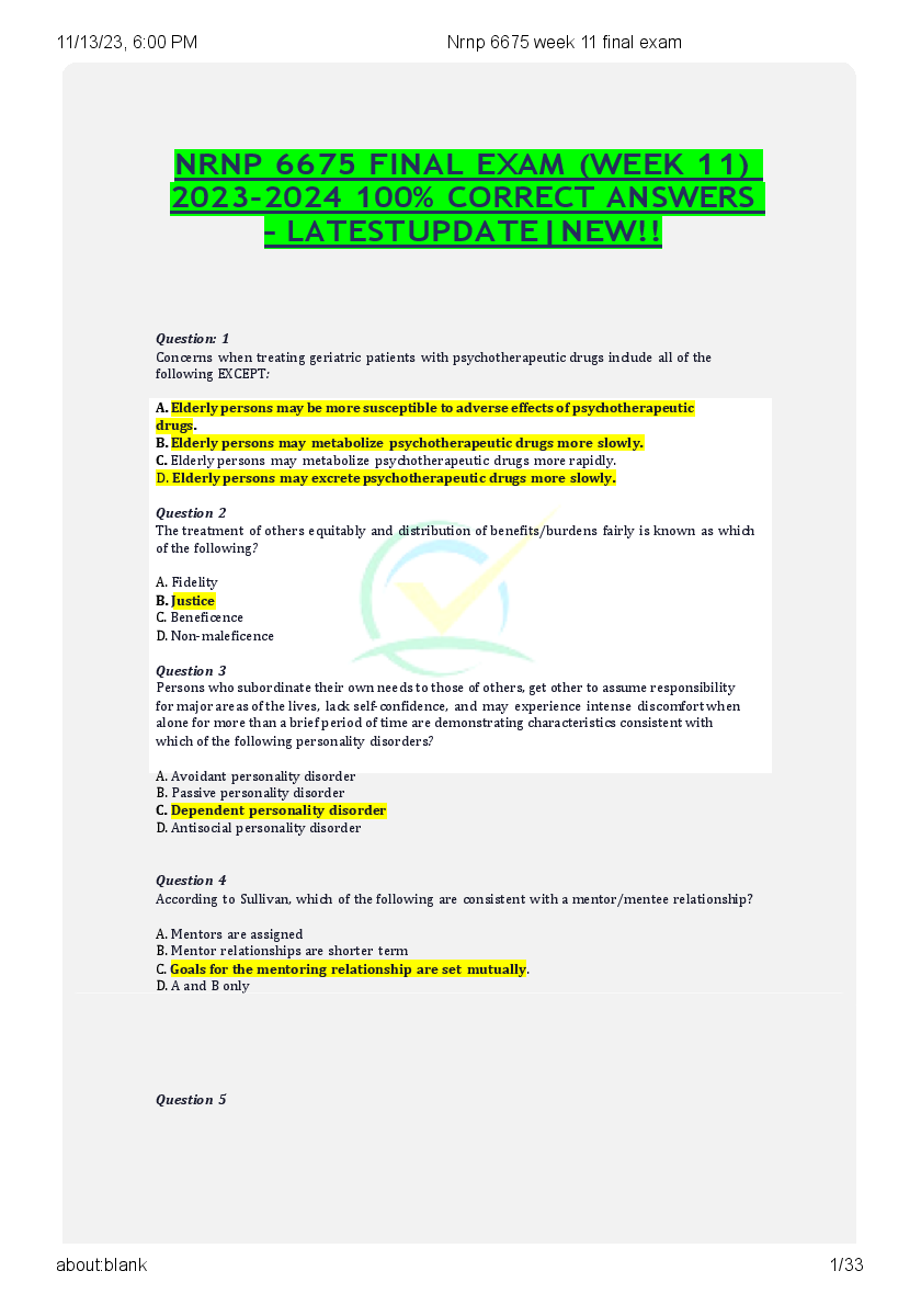 Preview of NRNP 6675 FINAL EXAM (WEEK 11)  2023-2024 100% CORRECT ANSWERS – LATEST  UPDATE|NE