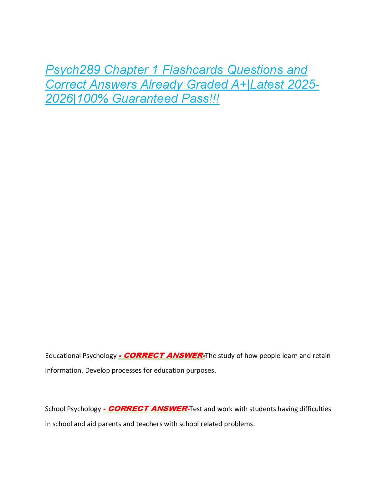 Preview of Psych289 Chapter 1 Flashcards Questions and  Correct Answers Already Graded A+|Latest 2025