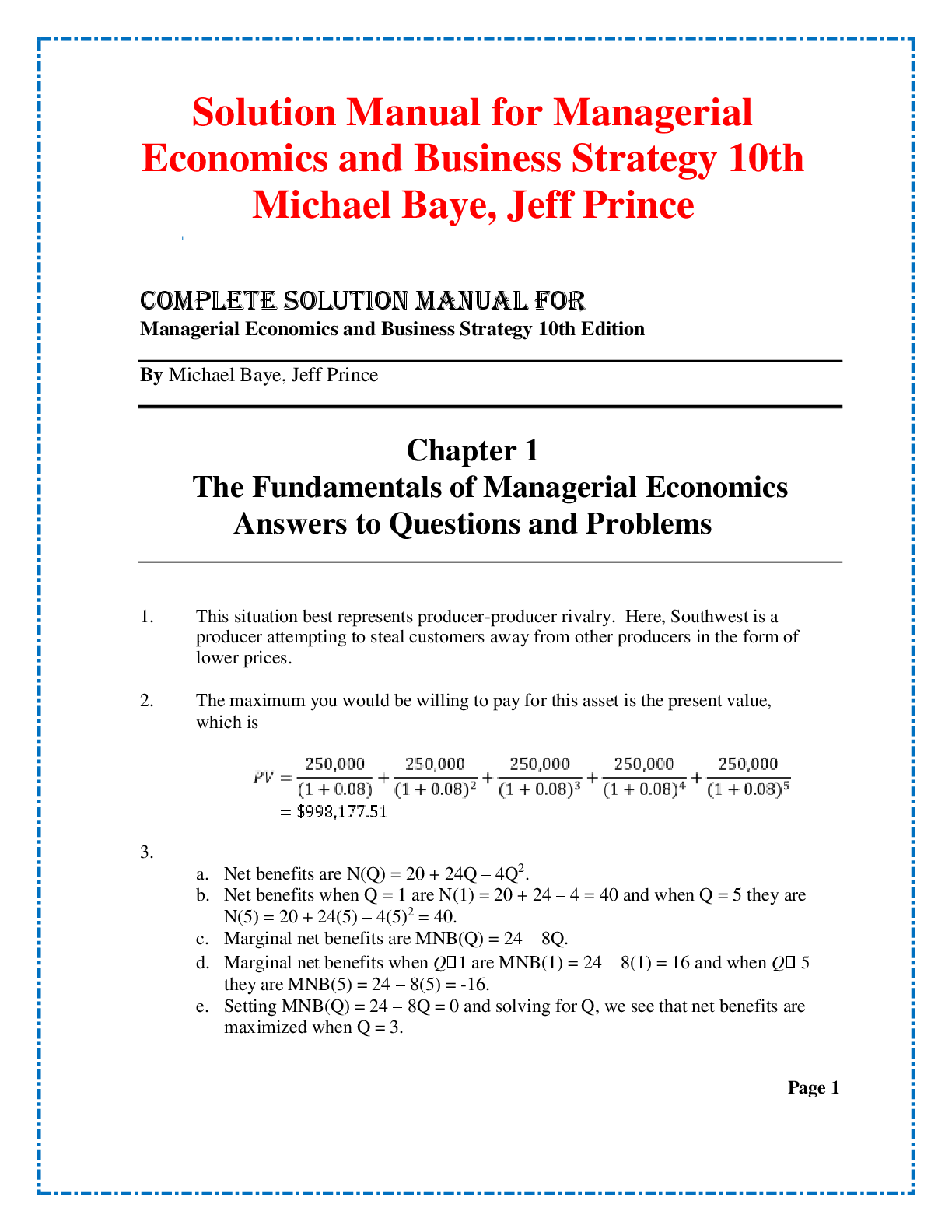 Recommended document preview for Solution Manual for Managerial  Economics and Business Strategy 10th  Michael Baye, Jeff Princ