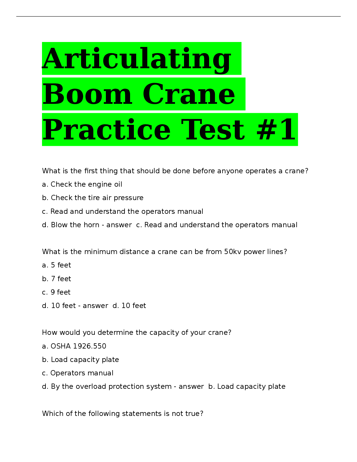 Preview image for Articulating Boom Crane Practice Test #1.