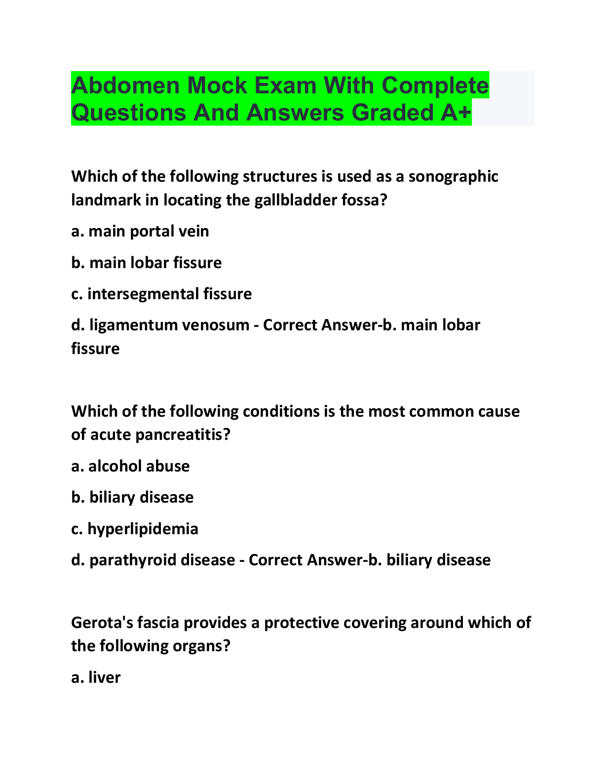 Preview image for Abdomen Mock Exam With Complete Questions And Answers Graded A+.