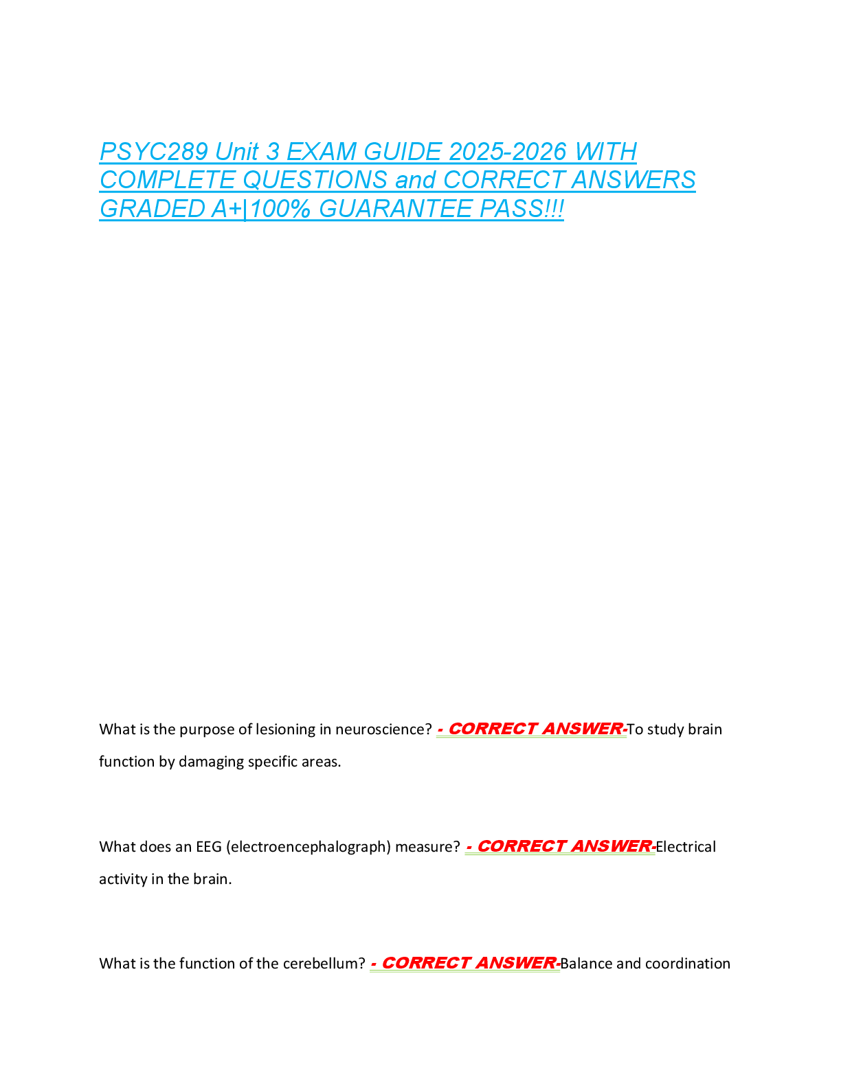 Preview of PSYC289 Unit 3 EXAM GUIDE 2025-2026 WITH  COMPLETE QUESTIONS and CORRECT ANSWERS  GRADED A+|100% GUARANTEE PASS!!!