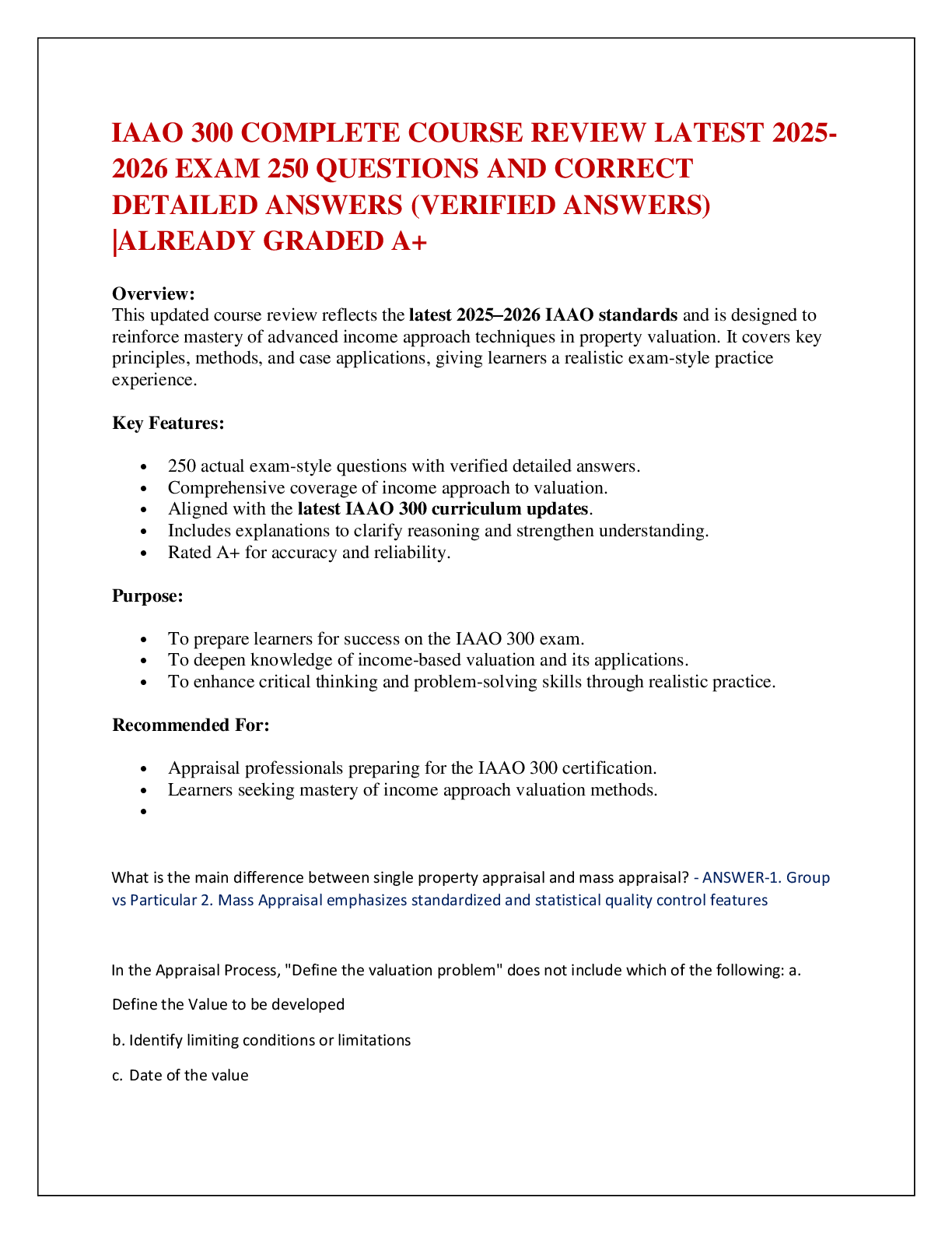 IAAO 300 COMPLETE COURSE REVIEW LATEST 2025-2026 EXAM 250 QUESTIONS AND CORRECT DETAILED ANSWERS (VERIFIED ANSWERS) |ALREADY GRADED A+