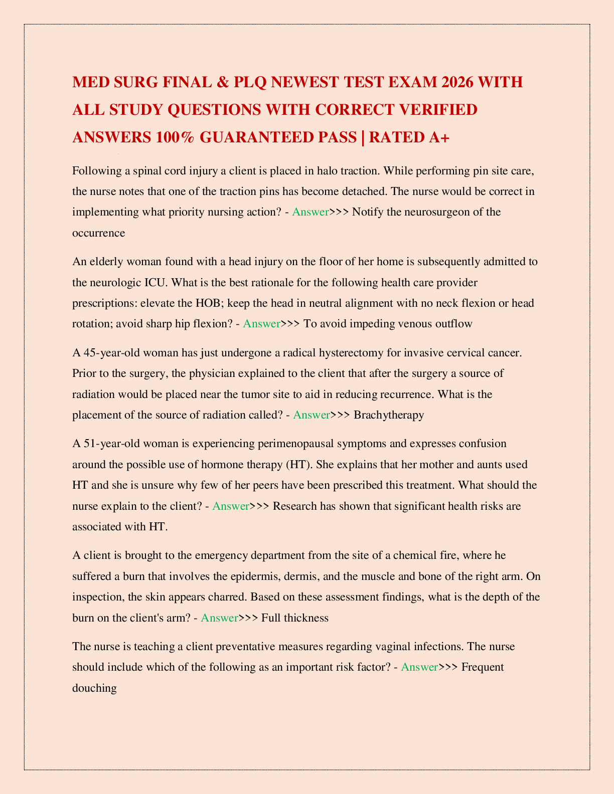 Preview image for MED SURG FINAL & PLQ NEWEST TEST EXAM 2026 WITH ALL STUDY QUESTIONS WITH CORRECT VERIFIED ANSWERS 100% GUARANTEED PASS | RATED A+