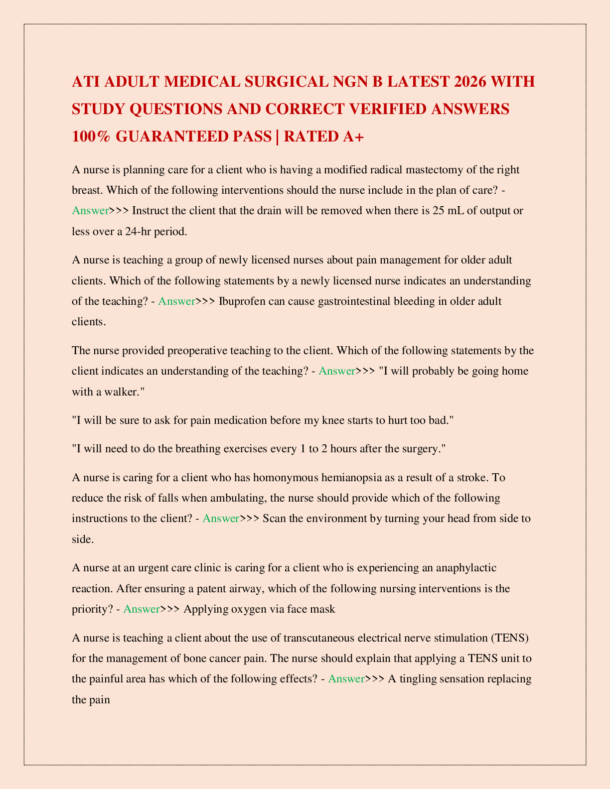 Preview image for ATI ADULT MEDICAL SURGICAL NGN B LATEST 2026 WITH STUDY QUESTIONS AND CORRECT VERIFIED ANSWERS 100% GUARANTEED PASS | RATED A+