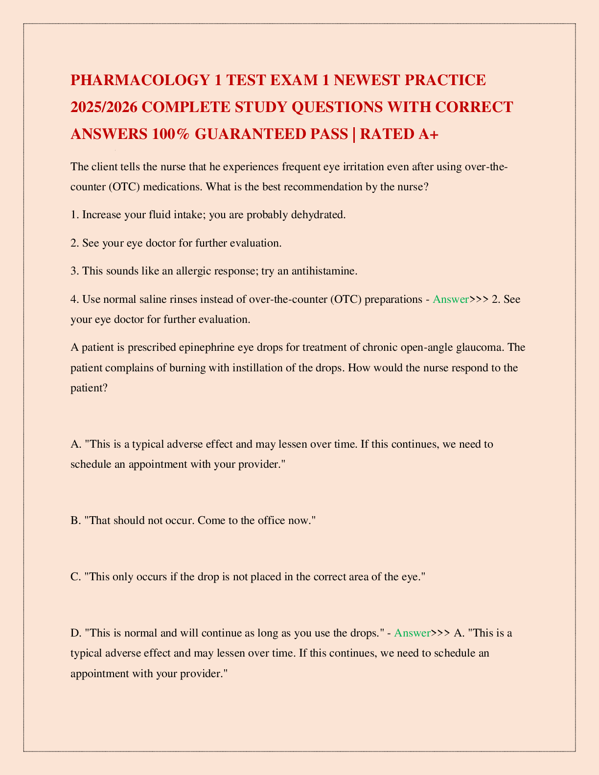 Preview of PHARMACOLOGY 1 TEST EXAM 1 NEWEST PRACTICE 2025/2026 COMPLETE STUDY QUESTIONS WITH CORRECT ANSWERS 100% GUARANTEED PASS | RATED A+