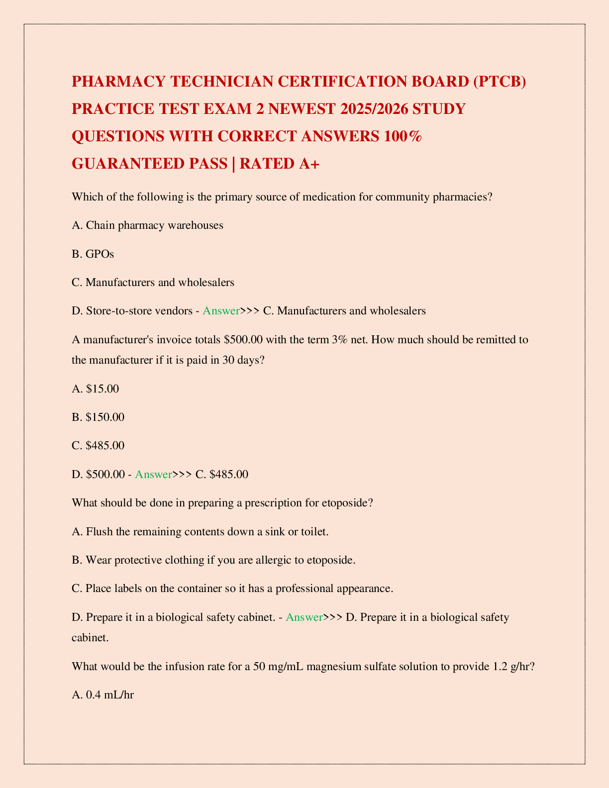 PHARMACY TECHNICIAN CERTIFICATION BOARD (PTCB) PRACTICE TEST EXAM 2 NEWEST 2025/2026 STUDY QUESTIONS WITH CORRECT ANSWERS 100% GUARANTEED PASS | RATED A+