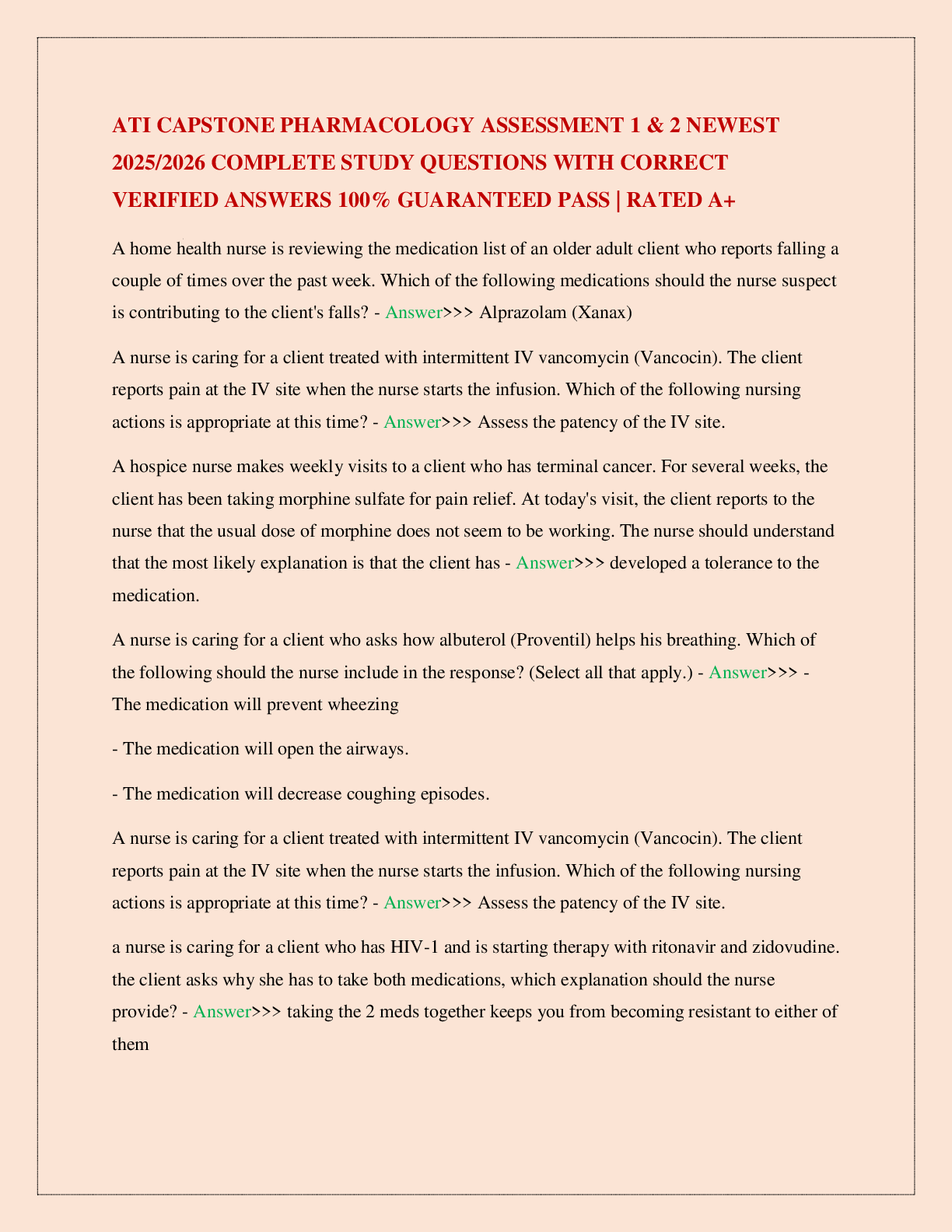 Preview image for ATI CAPSTONE PHARMACOLOGY ASSESSMENT 1 & 2 NEWEST 2025/2026 COMPLETE STUDY QUESTIONS WITH CORRECT VERIFIED ANSWERS 100% GUARANTEED PASS | RATED A+
