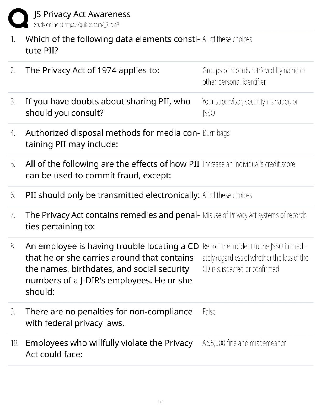 Preview of JS Privacy Act Awareness Test Bank / Justice System Certification / 2025 Update / Score 10