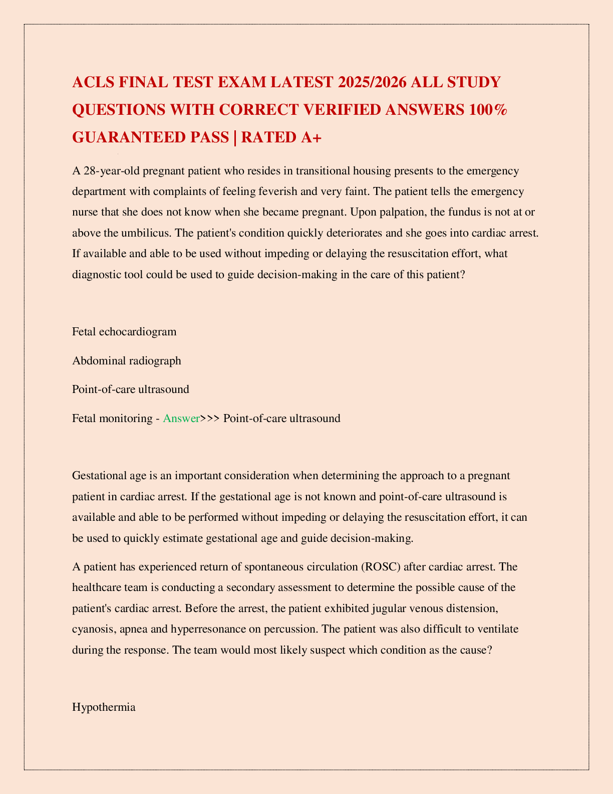 Preview image for ACLS FINAL TEST EXAM LATEST 2025/2026 ALL STUDY QUESTIONS WITH CORRECT VERIFIED ANSWERS 100% GUARANTEED PASS | RATED A+