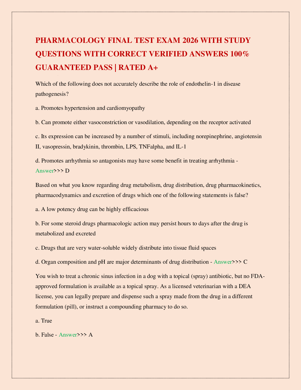Preview image for PHARMACOLOGY FINAL TEST EXAM 2026 WITH STUDY QUESTIONS WITH CORRECT VERIFIED ANSWERS 100% GUARANTEED PASS | RATED A+