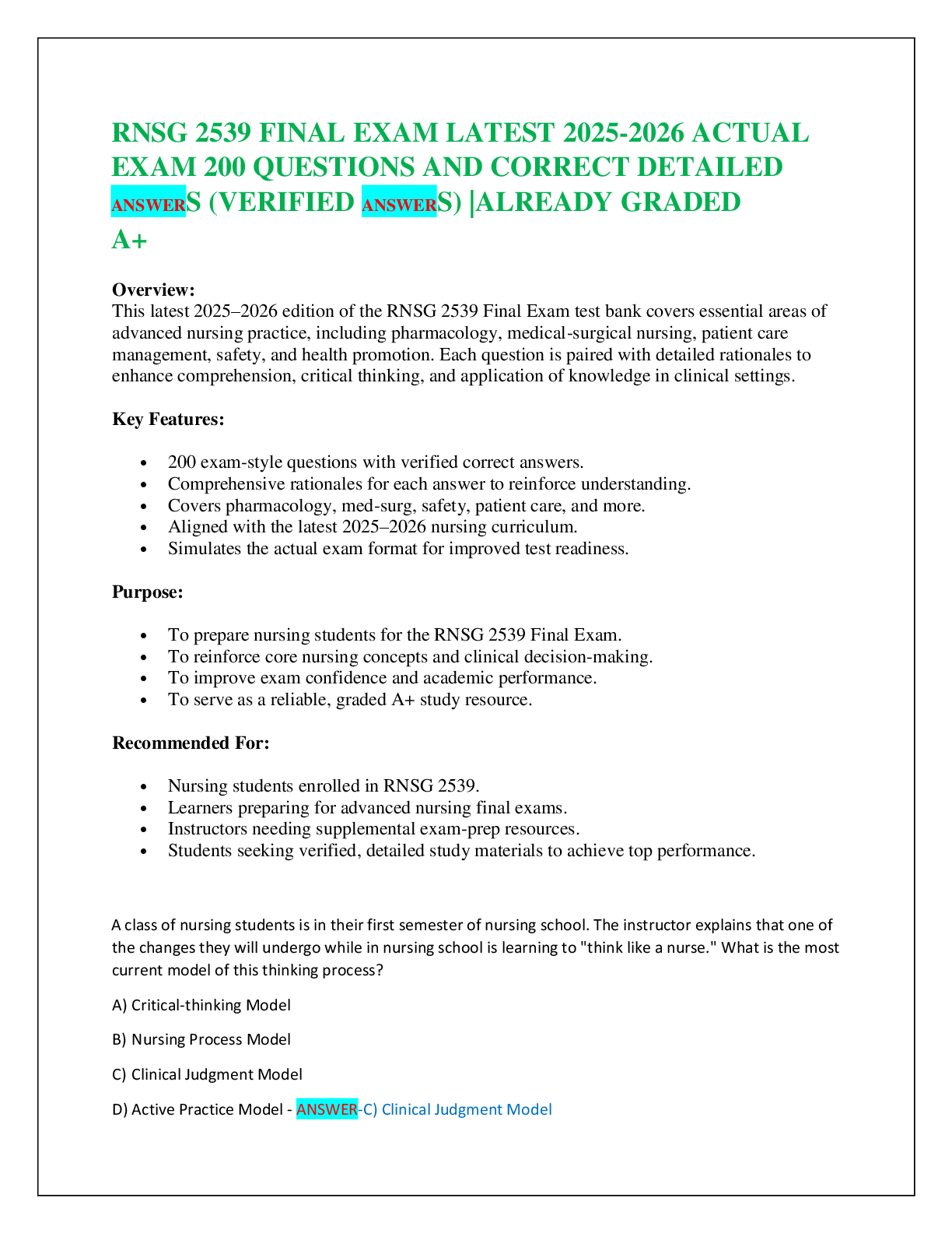 Recommended document preview for RNSG 2539 FINAL EXAM LATEST 2025-2026 ACTUAL  EXAM 200 QUESTIONS AND CORRECT DETAILED  ANSWERS (VERIFIED ANSWERS) |ALREADY GRADED  A+