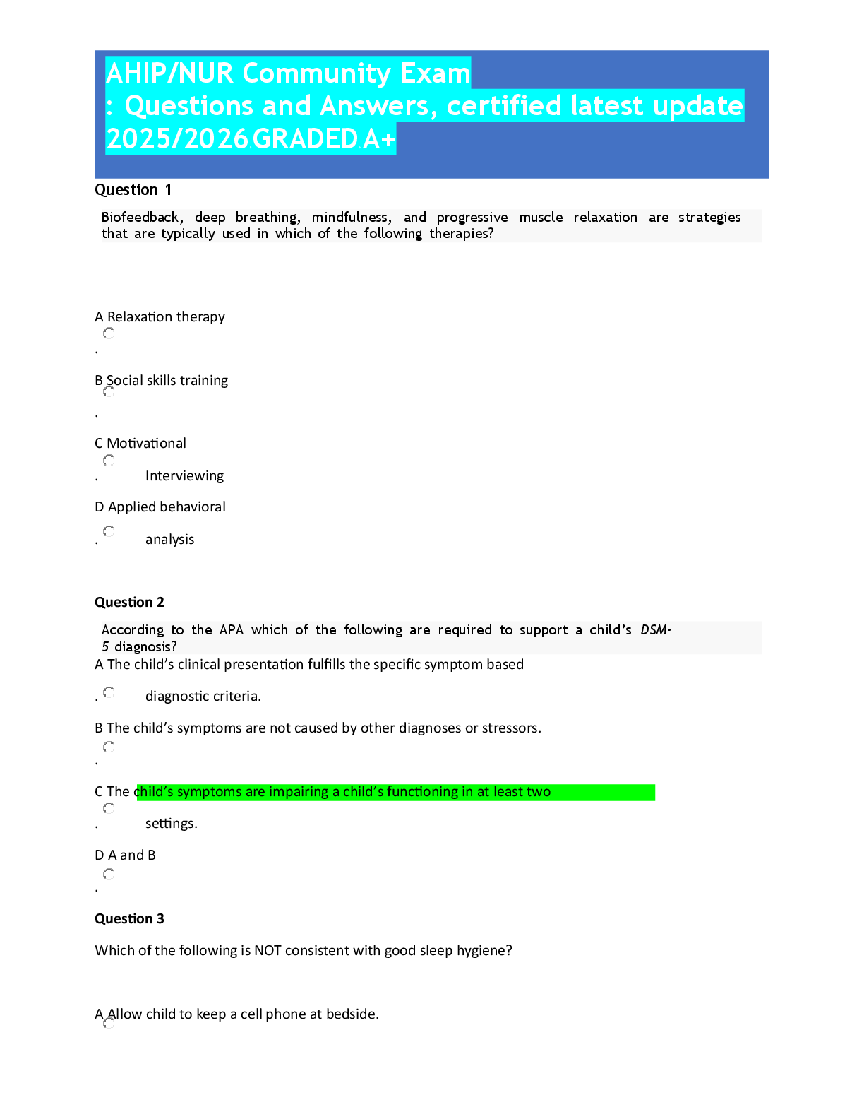 Preview image for AHIP NUR Community Exam Questions and Answers, latest certified update 2025-2026, Question 1 graded A+.