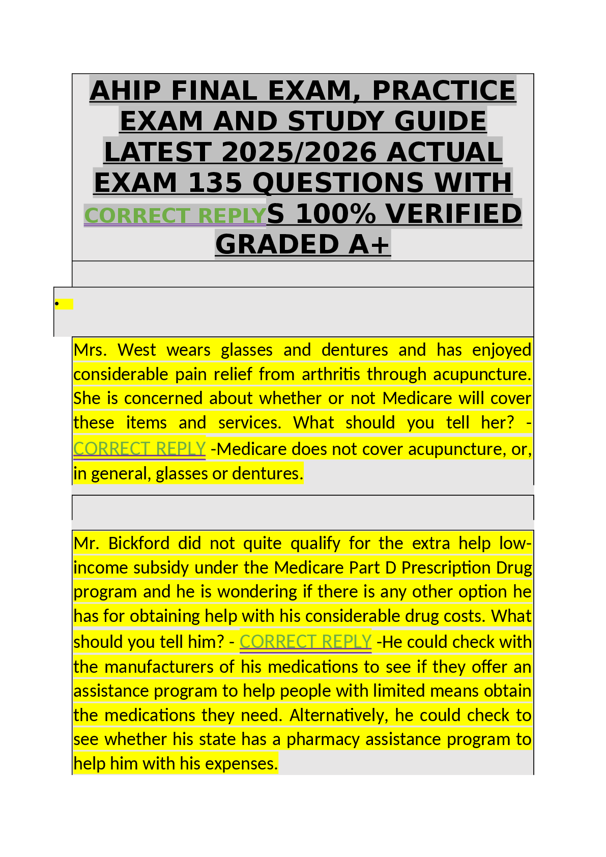 AHIP FINAL EXAM, PRACTICE  EXAM AND STUDY GUIDE  LATEST 2025/2026 ACTUAL  EXAM 135 QUESTIONS WITH  CORRECT REPLYS 100% VERIFIED  GRADED A+