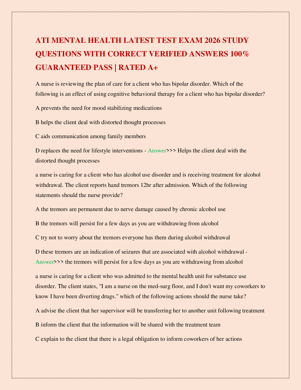 Preview image for ATI MENTAL HEALTH LATEST TEST EXAM 2026 STUDY QUESTIONS WITH CORRECT VERIFIED ANSWERS 100% GUARANTEED PASS | RATED A+