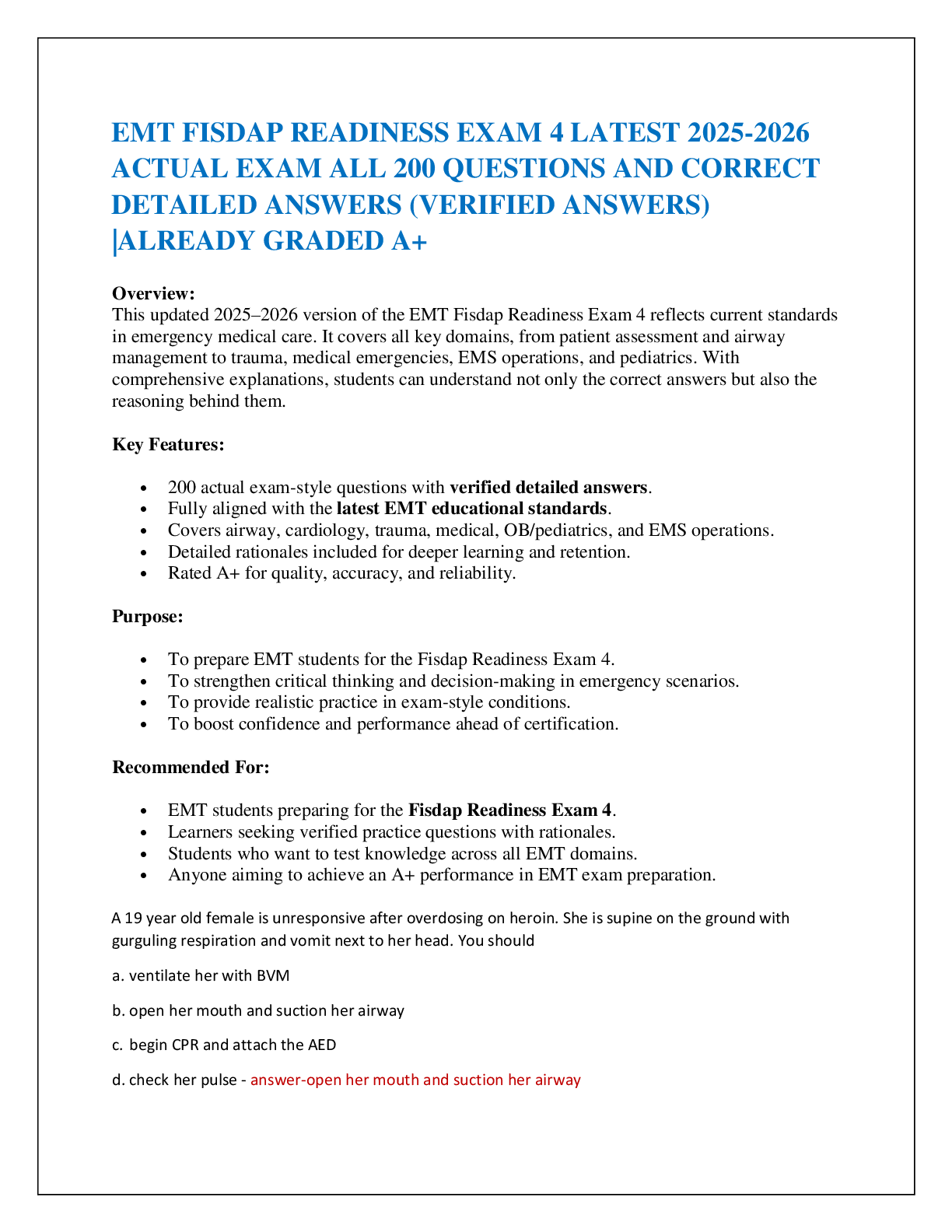 EMT FISDAP READINESS EXAM 4 LATEST 2025-2026  ACTUAL EXAM ALL 200 QUESTIONS AND CORRECT  DETAILED ANSWERS (VERIFIED ANSWERS) |ALREADY GRADED A+