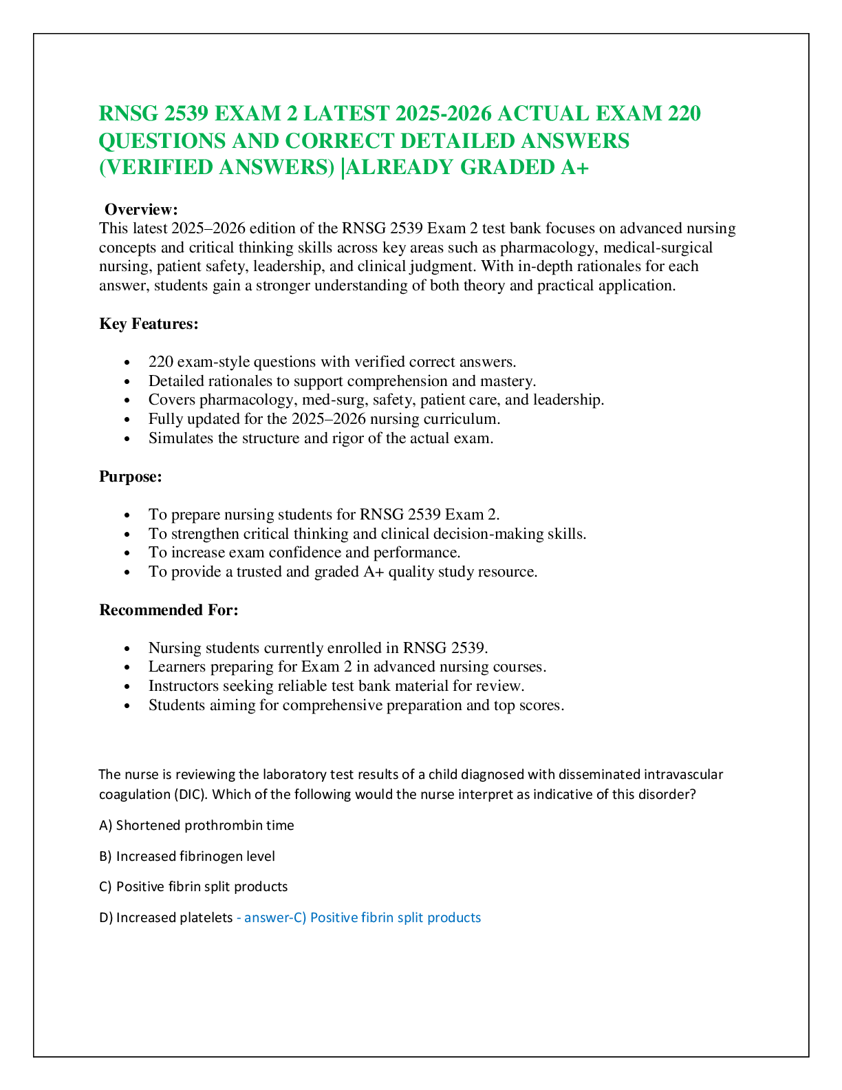 Recommended document preview for RNSG 2539 EXAM 2 LATEST 2025-2026 ACTUAL EXAM 220  QUESTIONS AND CORRECT DETAILED ANSWERS (VERIFIED ANSWERS) |ALREADY GRADED A+