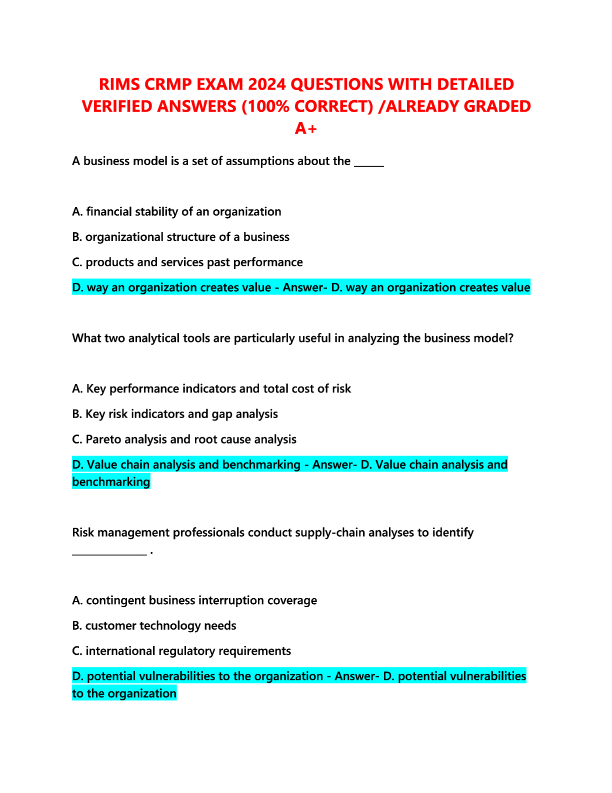 Preview image for RIMS CRMP Exam 2024 Questions with Detailed Verified Answers (100% Correct)  Already Graded A+.