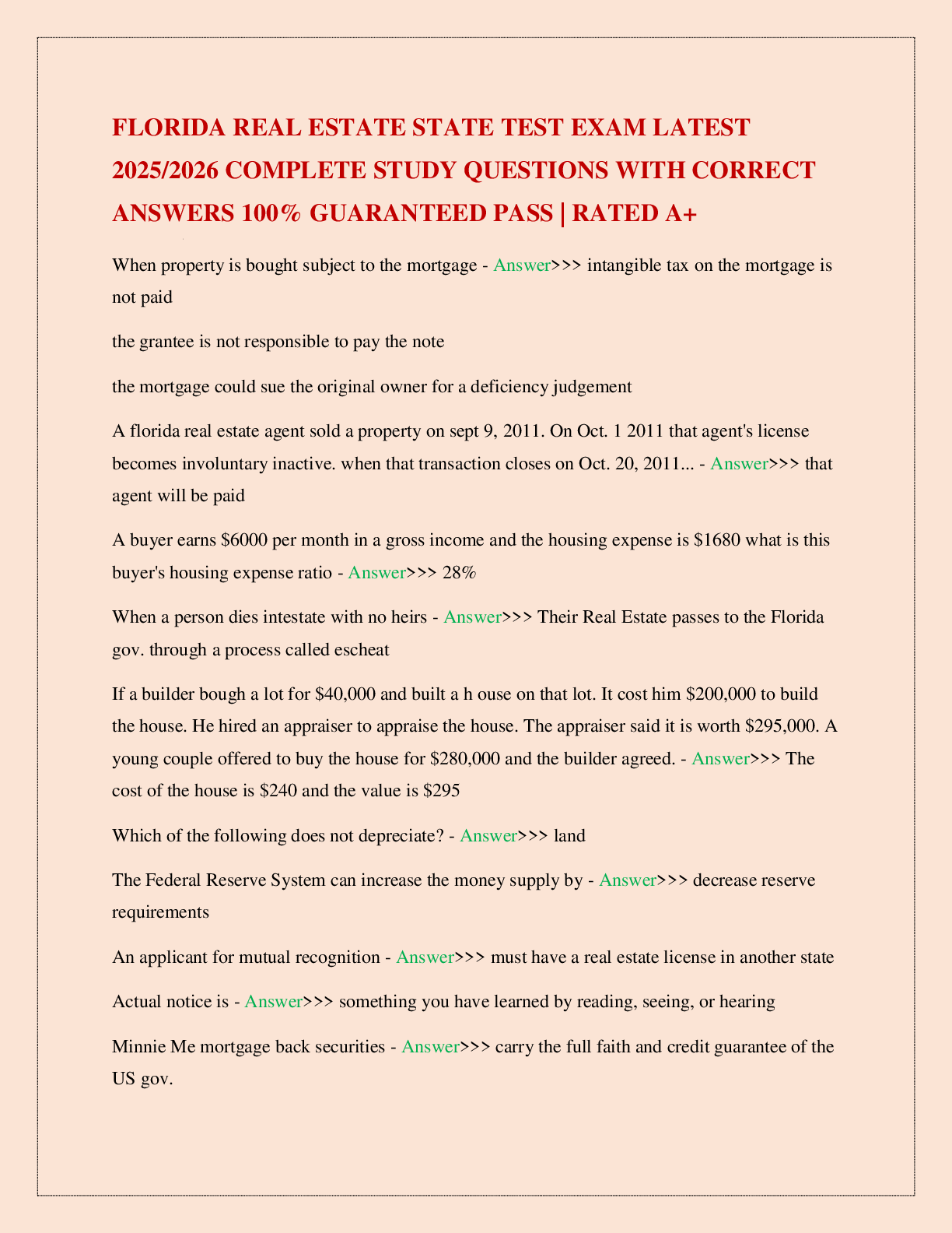 FLORIDA REAL ESTATE STATE TEST EXAM LATEST 2025/2026 COMPLETE STUDY QUESTIONS WITH CORRECT ANSWERS 100% GUARANTEED PASS | RATED A+