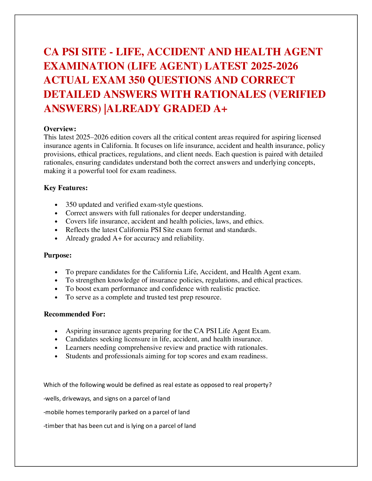 CA PSI SITE - LIFE, ACCIDENT AND HEALTH AGENT  EXAMINATION (LIFE AGENT) LATEST 2025-2026 ACTUAL EXAM 350 QUESTIONS AND CORRECT  DETAILED ANSWERS WITH RATIONALES (VERIFIED ANSWERS) |ALREADY GRADED A+