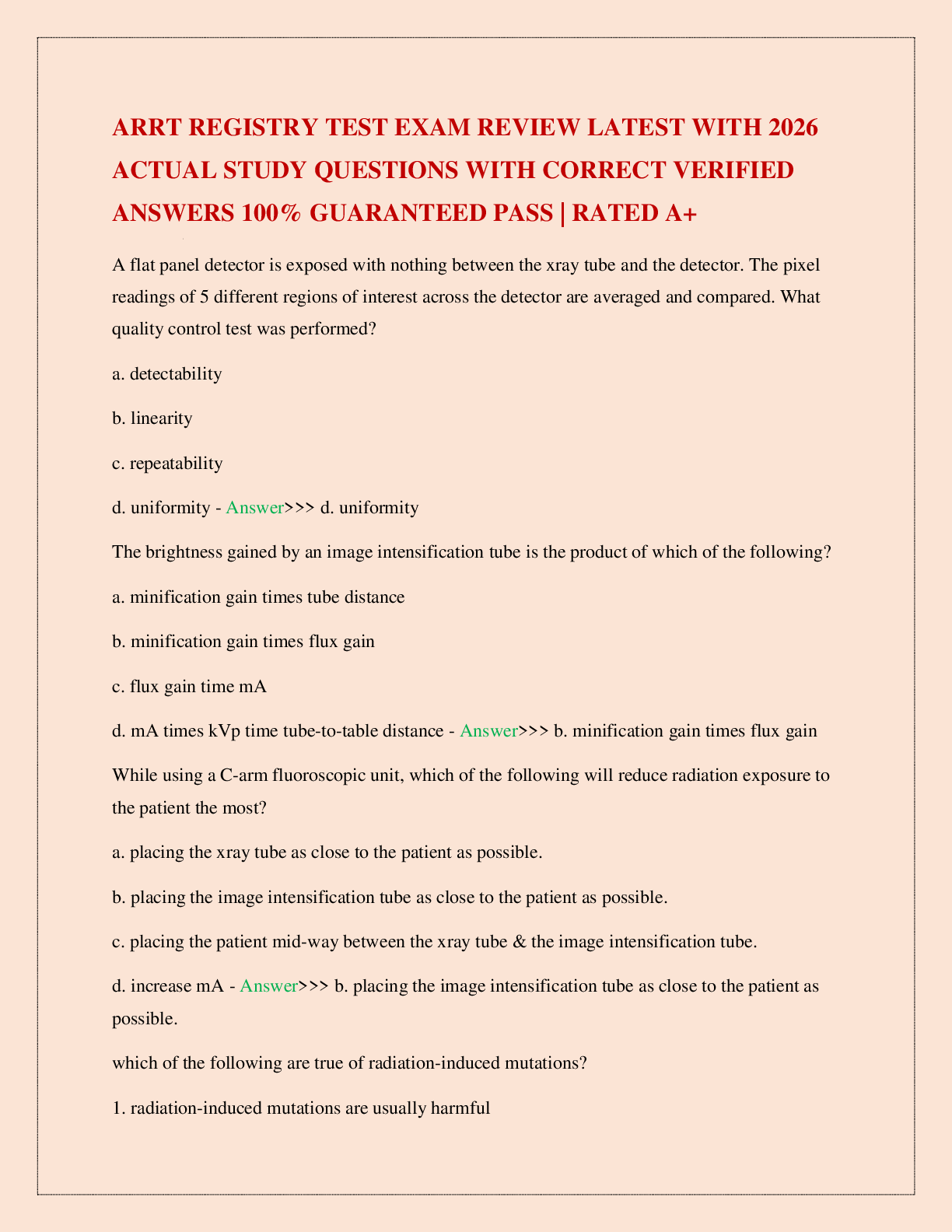 Preview image for ARRT REGISTRY TEST EXAM REVIEW LATEST WITH 2026 ACTUAL STUDY QUESTIONS WITH CORRECT VERIFIED ANSWERS 100% GUARANTEED PASS | RATED A+