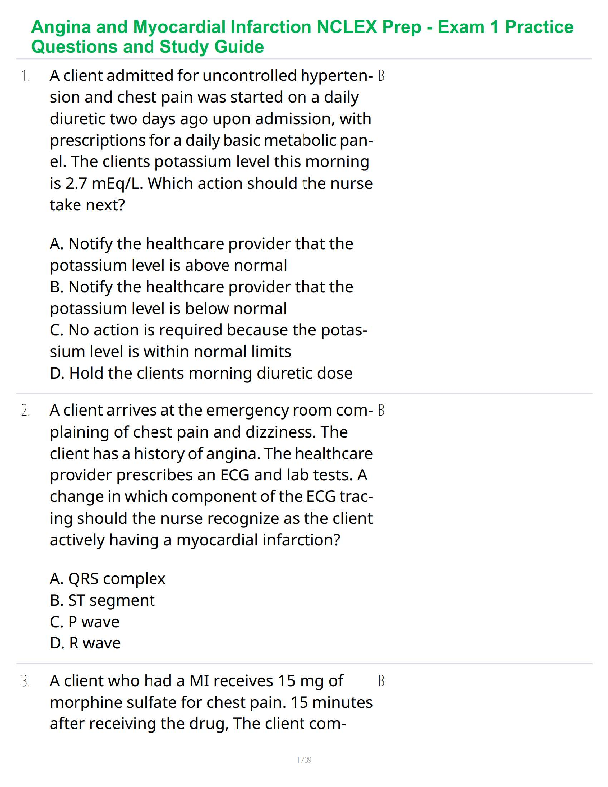 Preview of Angina and Myocardial Infarction NCLEX Prep - Exam 1 Practice Questions and Study Guide