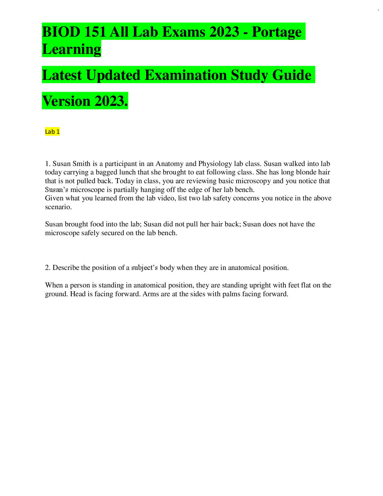 Recommended document preview for BIOD 151 All Lab Exams 2023 - Portage  Learning  Latest Updated Examination Study Guide   Version 2023.