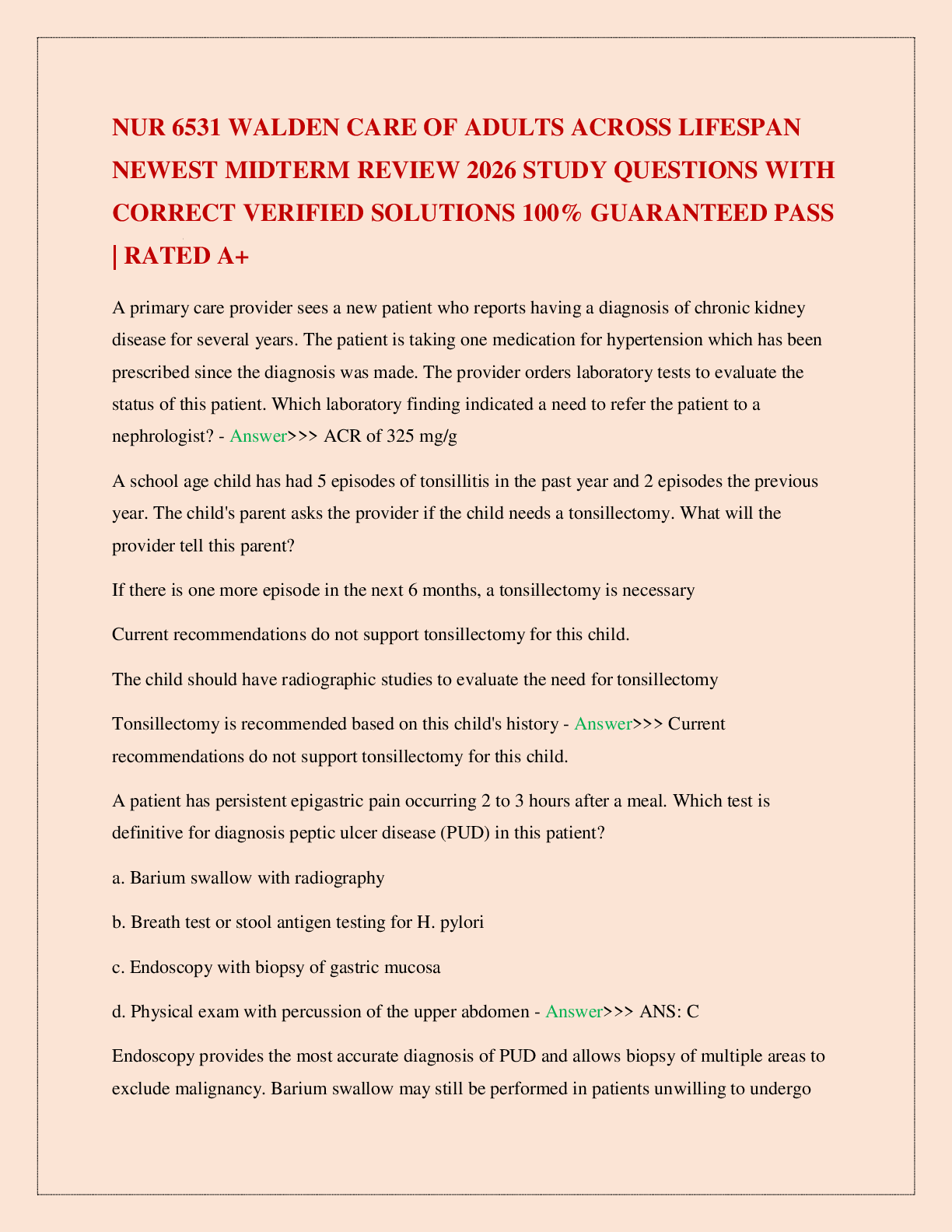 Preview image for NUR 6531 WALDEN CARE OF ADULTS ACROSS LIFESPAN NEWEST MIDTERM REVIEW 2026 STUDY QUESTIONS WITH CORRECT VERIFIED SOLUTIONS 100% GUARANTEED PASS | RATED A+