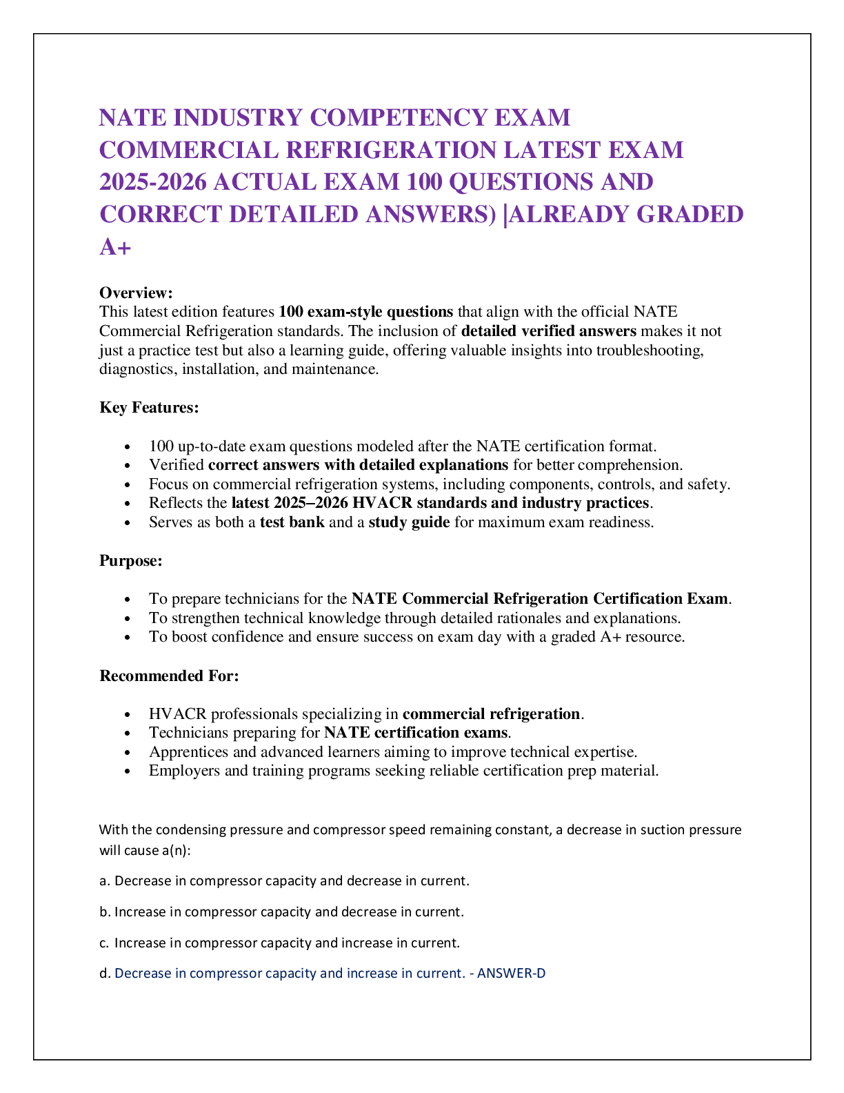 Preview of NATE INDUSTRY COMPETENCY EXAM  COMMERCIAL REFRIGERATION LATEST EXAM 2025-2026 ACTUAL EXAM 100 QUESTIONS AND CORRECT DETAILED ANSWERS) |ALREADY GRADED A+