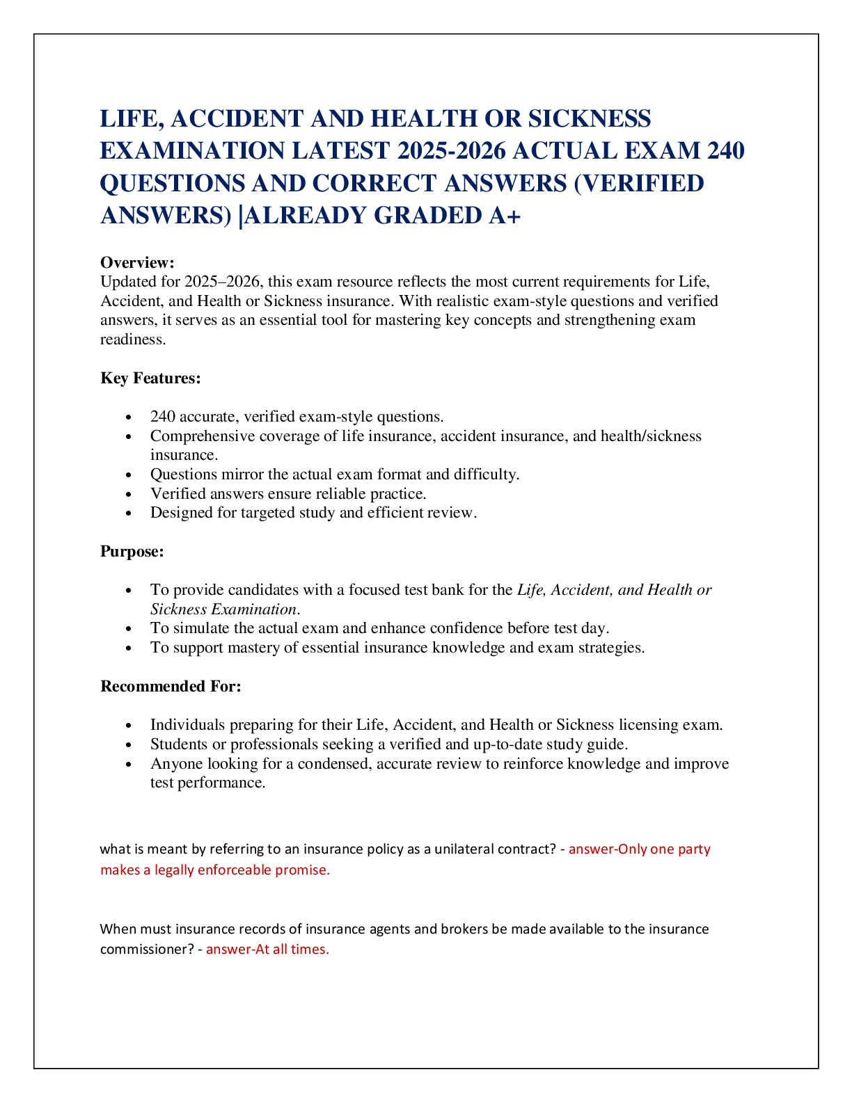 Recommended document preview for LIFE, ACCIDENT AND HEALTH OR SICKNESS  EXAMINATION LATEST 2025-2026 ACTUAL EXAM 240  QUESTIONS AND CORRECT ANSWERS (VERIFIED ANSWERS) |ALREADY GRADED A+