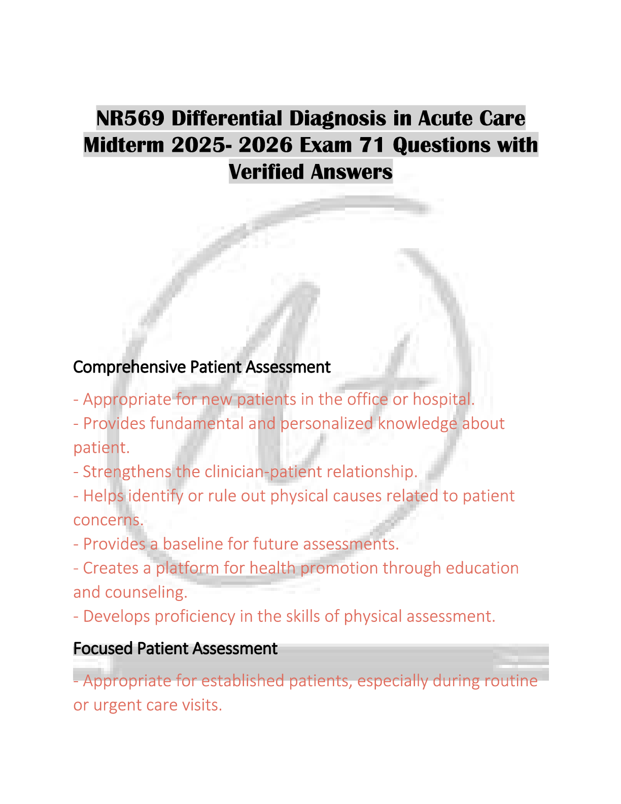 Preview image for NR569 Midterm Exam on Differential Diagnosis in Acute Care 2025-2026 71 Questions with Verified Answers.